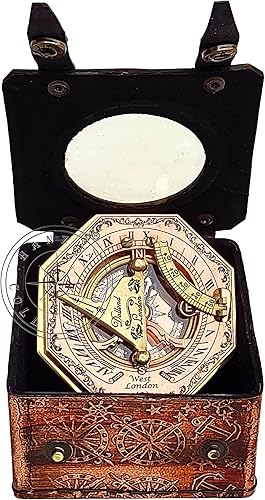 Miniatura 3 de Brújula de reloj de sol de latón pulido y cobre, reloj de sol antiguo, reloj de sol en caja de cuero, regalo de réplica de barco