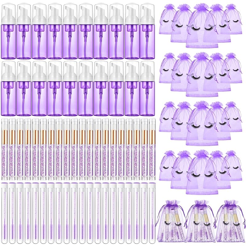 Zhehao Kit com 80 peças para cuidados de cílios, com frascos de espuma, escovas, bolsas e tubos, roxo