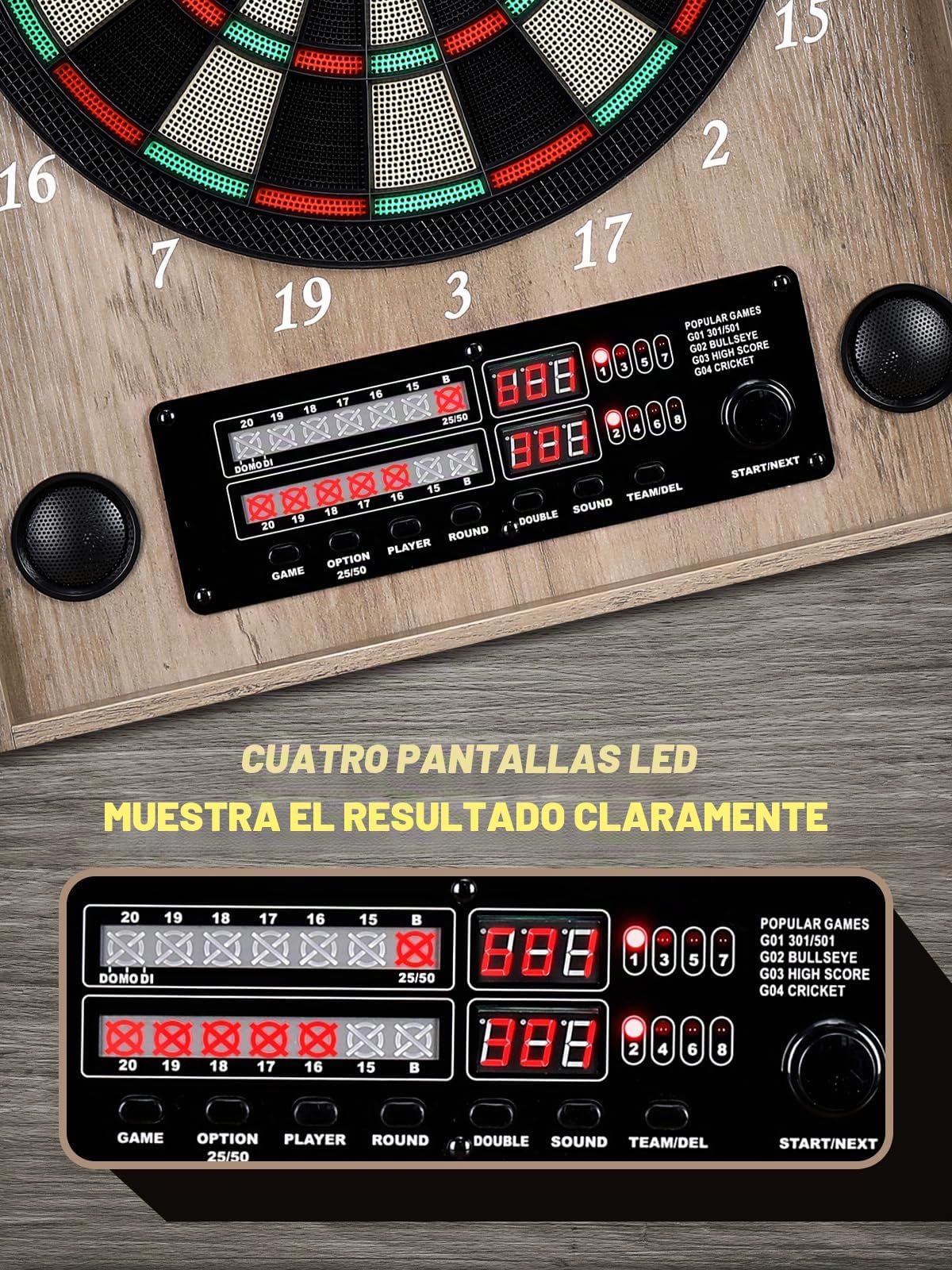 Diana Electronica, Dardos Diana Electronica [12 Dardos de Bronce][Modo de Juego Cricket], Diana Electronica Profesional, Puertas de Gabinete de Madera [Caja Vintage]