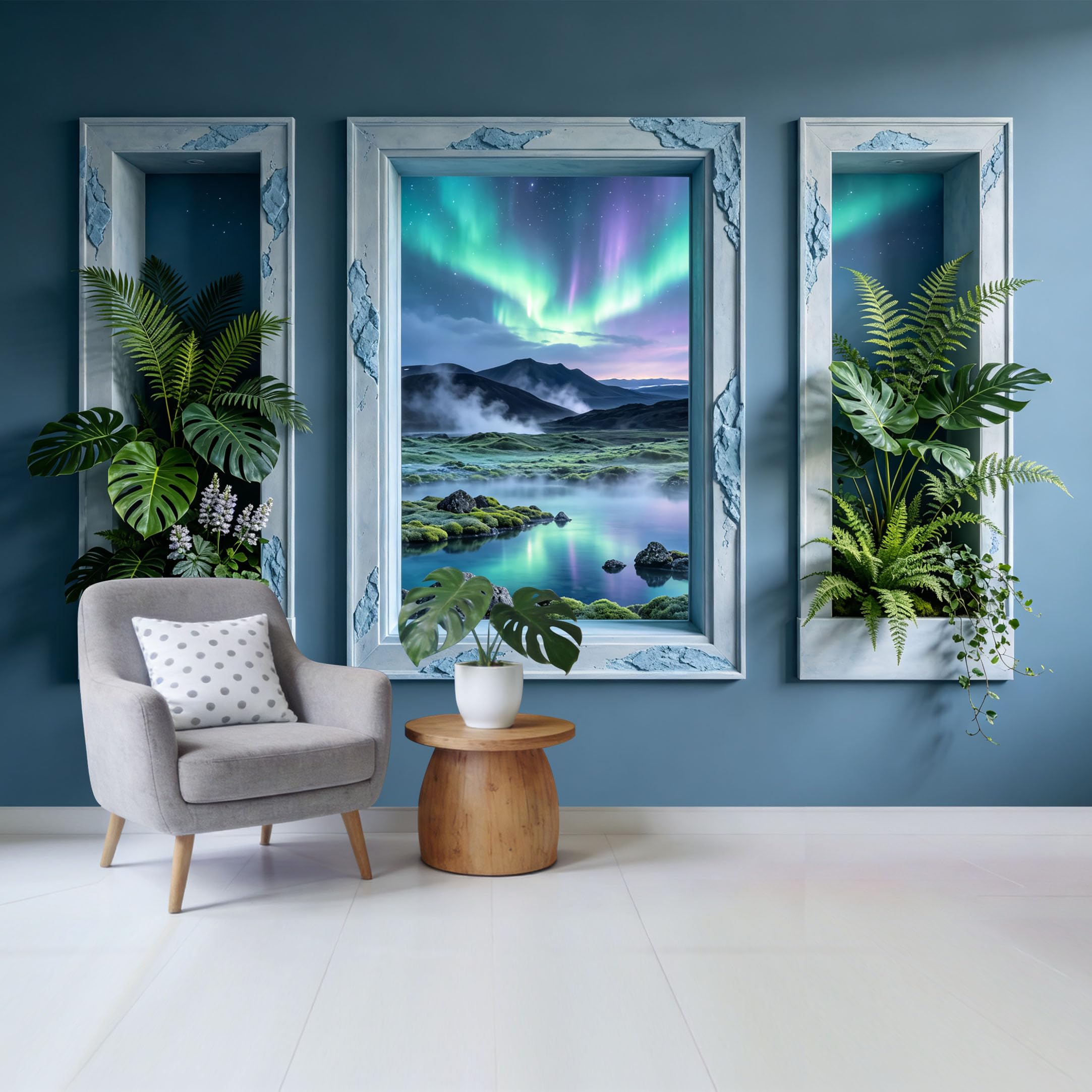 Custom Size Wall Mural Northern Lights Mountain Lake Landscape Botanical Greenery Removable Self Adhesive Fabric Home Wall Decor for Living Room Bedroom Bathroom