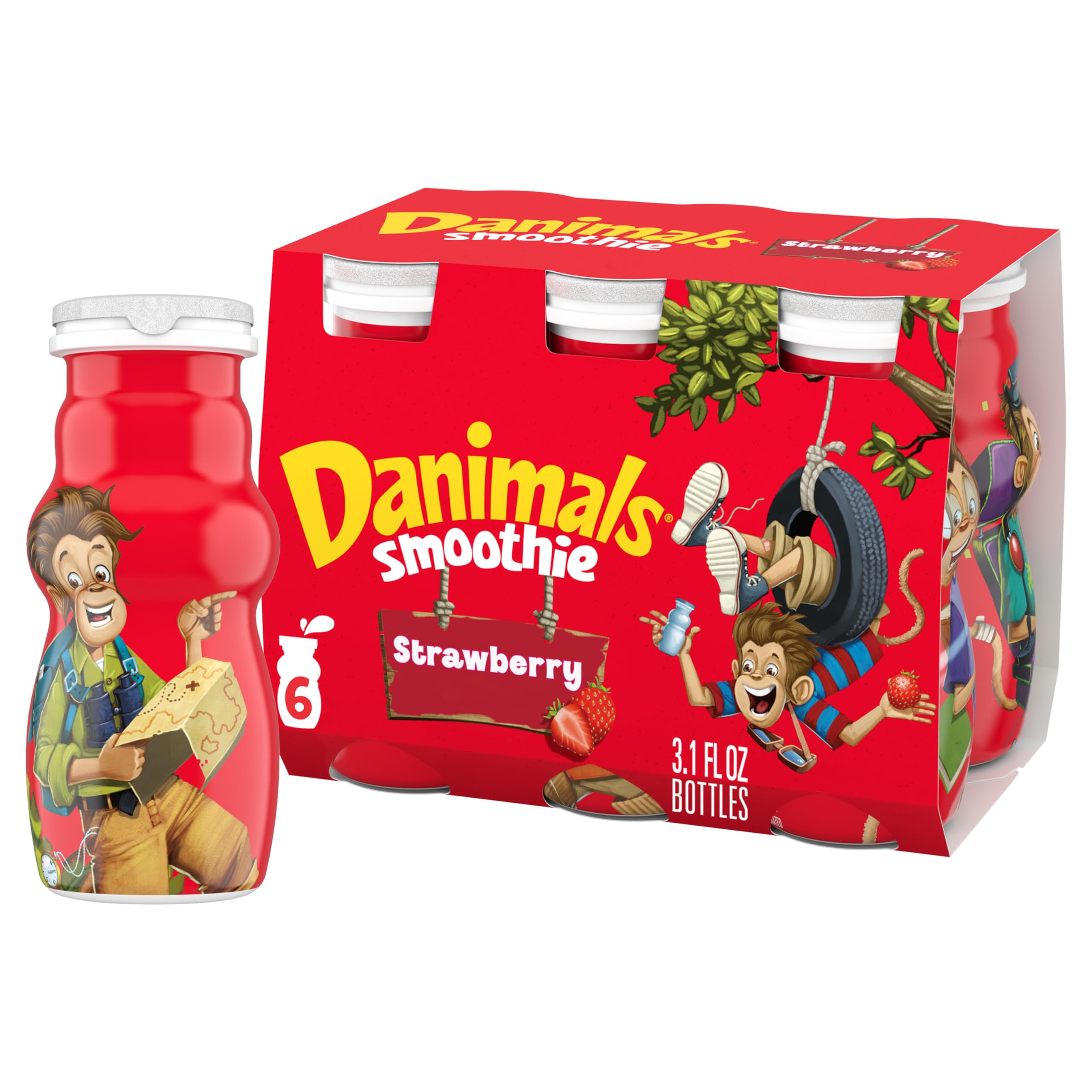 Danimals Smoothie Strawberry Dairy Drink Multi-Pack, Creamy and Delicious Low Fat Snacks for Kids, 6 Ct, 3.1 oz Smoothie Bottles​​