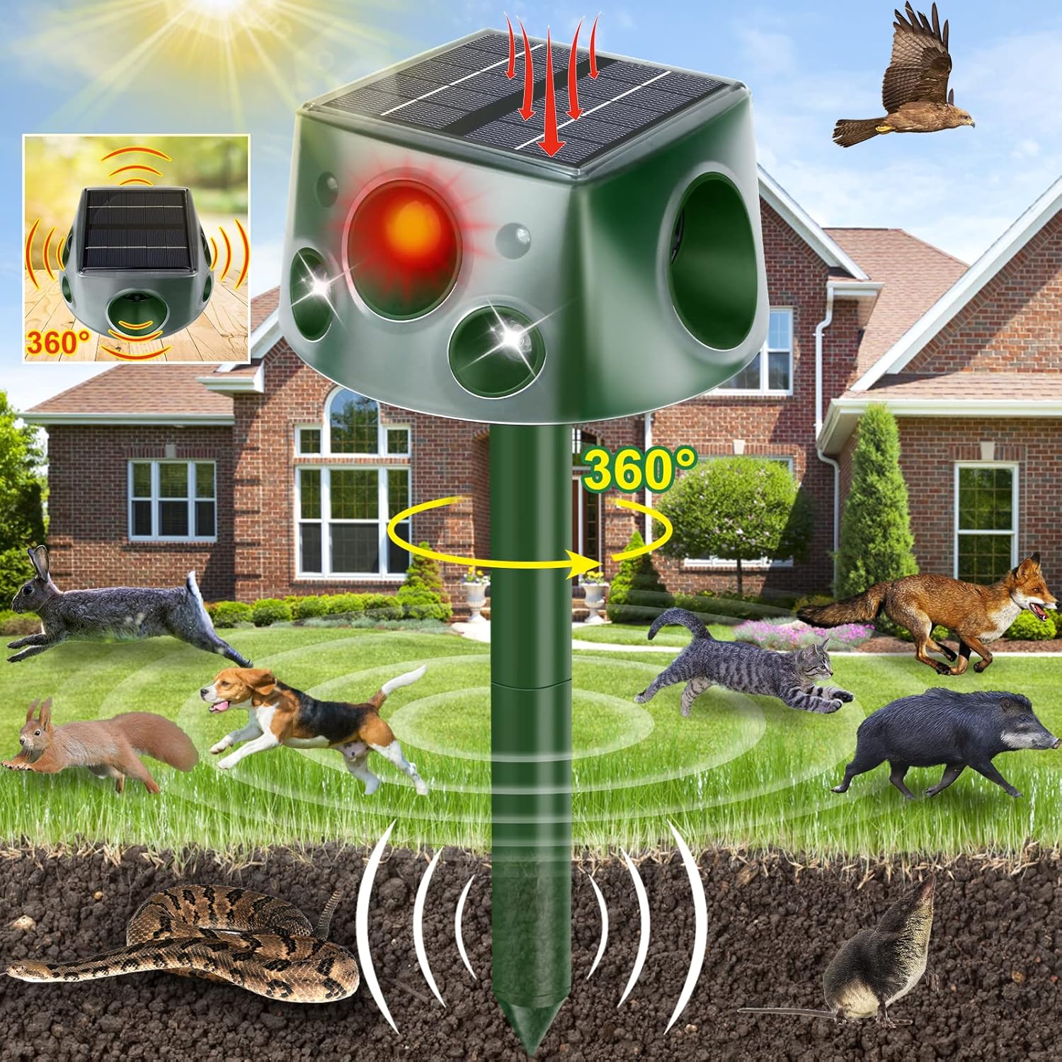 Solar Ultrasonic Animal Repeller, 4 Sided 360° Cat Repellent Outdoor