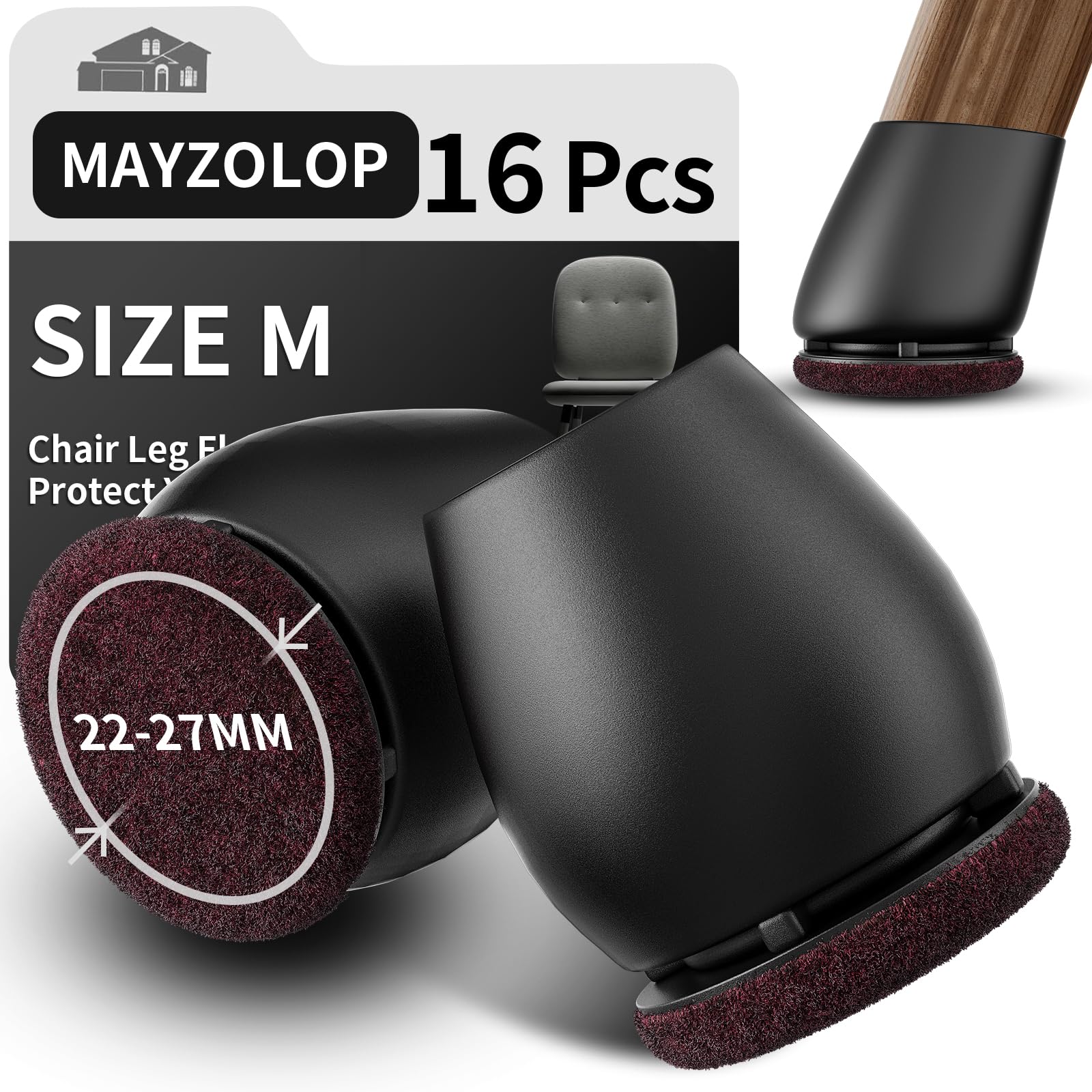 MAYZOLOP 16PCS Silicone Floor Protectors, Black Chair Caps for Tilt Legs Hardwood Floor Protectors with Felt Pads (Fit:22-26mm)