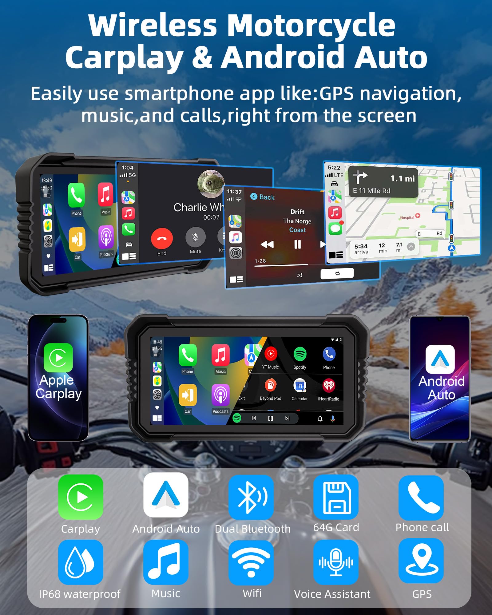 Motorcycle Carplay Android Auto 4K Dashcam 6.25" Double Camera Bluetooth IP67 GPS Navigation 64GB