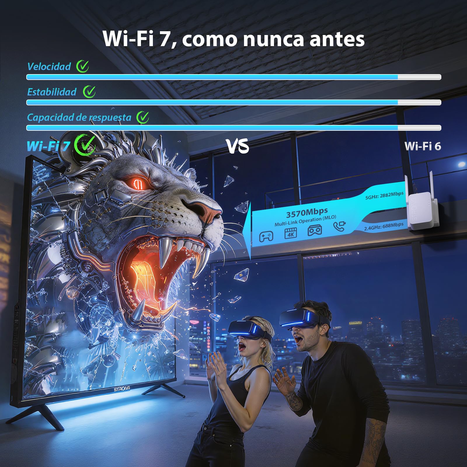 STRONG Repetidor WiFi 7 BE3600, Amplificador WiFi Doble Banda | 3600 Mbps, WiFi 7, MLO, Doble Banda, Repetidor WiFi, Puerto Gigabit, 2 antenas externas, Punto de Acceso