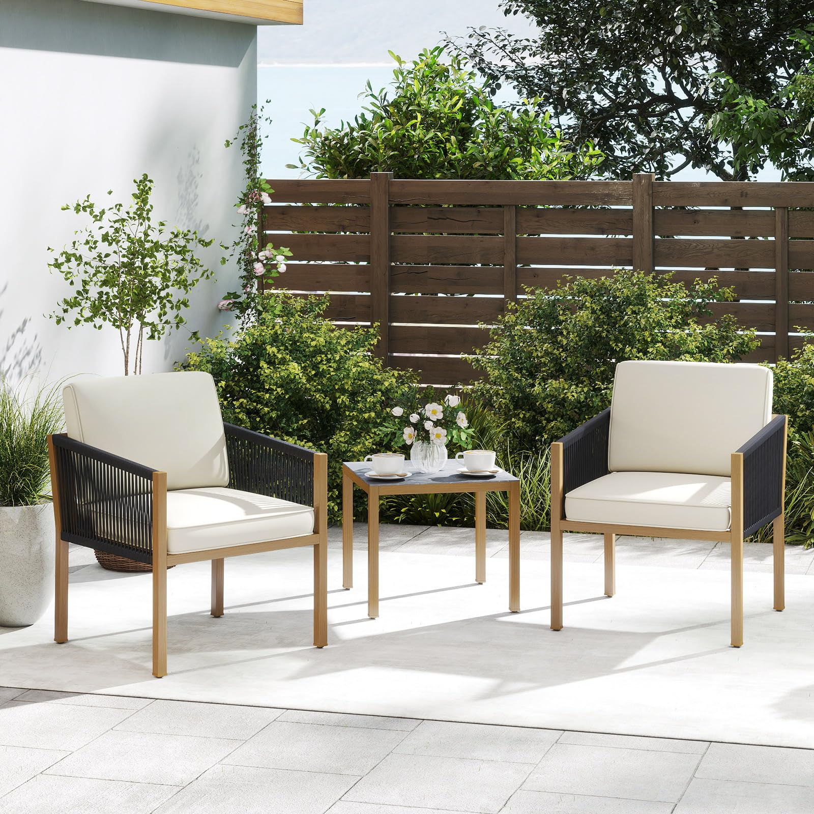COSTWAY Set Salotto da Giardino 3 Pezzi, Set Conversazione con Tavolo e 2 Sedie, Corde Intrecciate e Cuscini, Struttura in Metallo Resistente, Tavolo e Sedie per Patio, Balcone, Terrazza e Giardino
