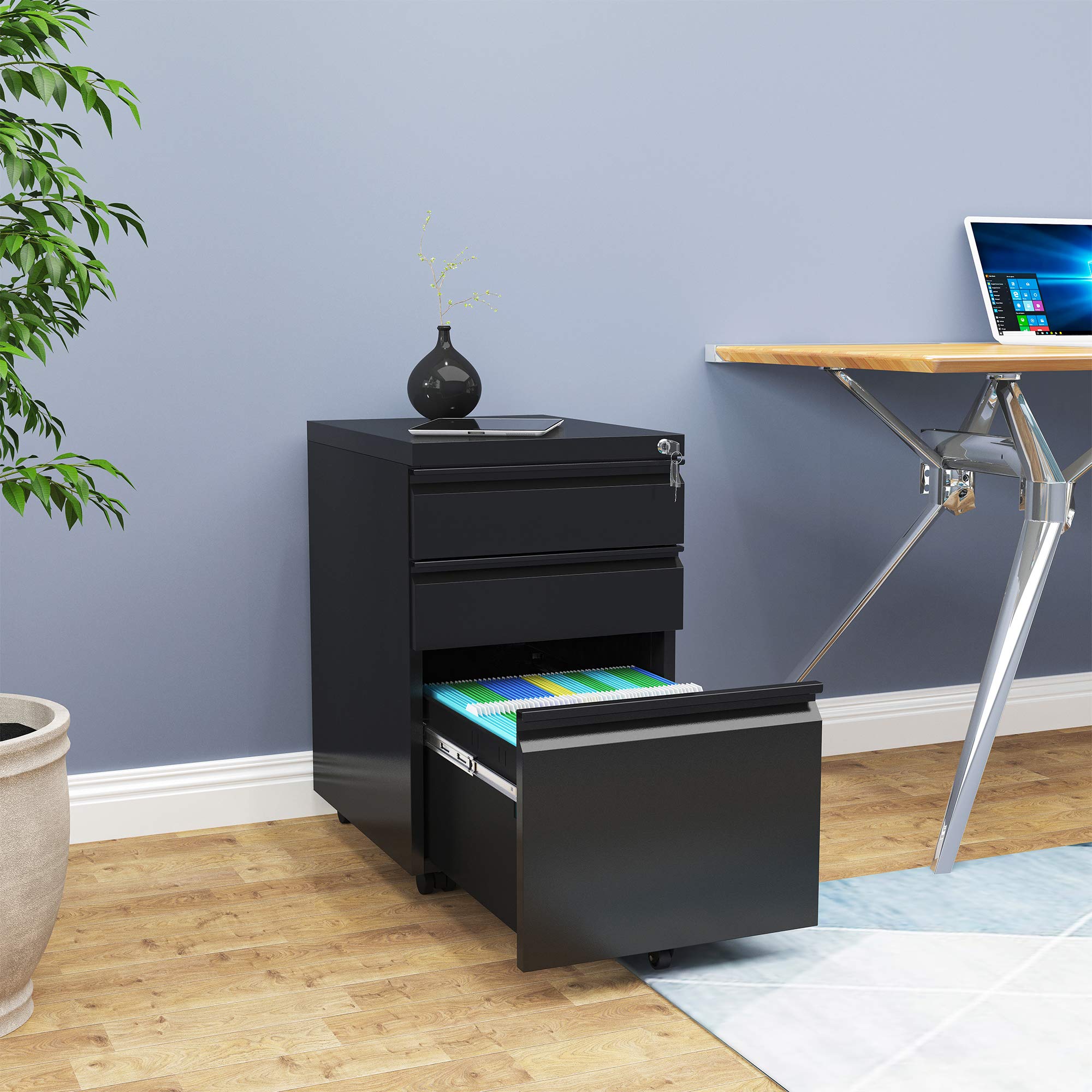 YITAHOME Armadietto portadocumenti completamente assemblato con serratura a 3 cassetti per lettere/legale/A4, per ufficio e casa mobile con ruota, nero, 46x39x62 cm