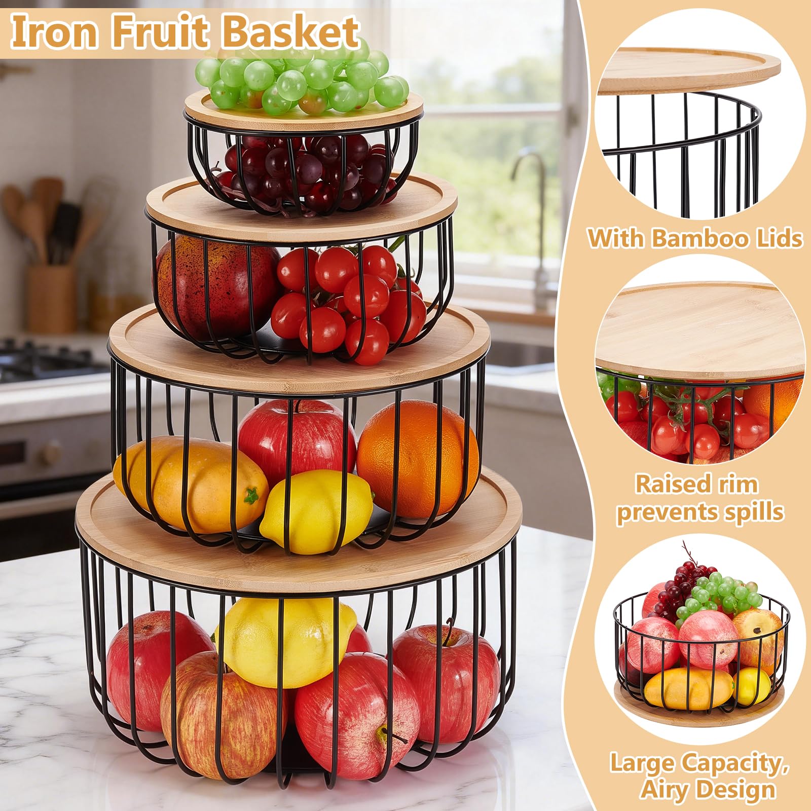 Ensemble de 4 panier à Fruits pour Comptoir de Cuisine Panier à Fruits Rond de Taille 4 avec Couvercle en Bois Bac de Comptoir pour Fruits et Légumes Citron Banane Candy(Noir)