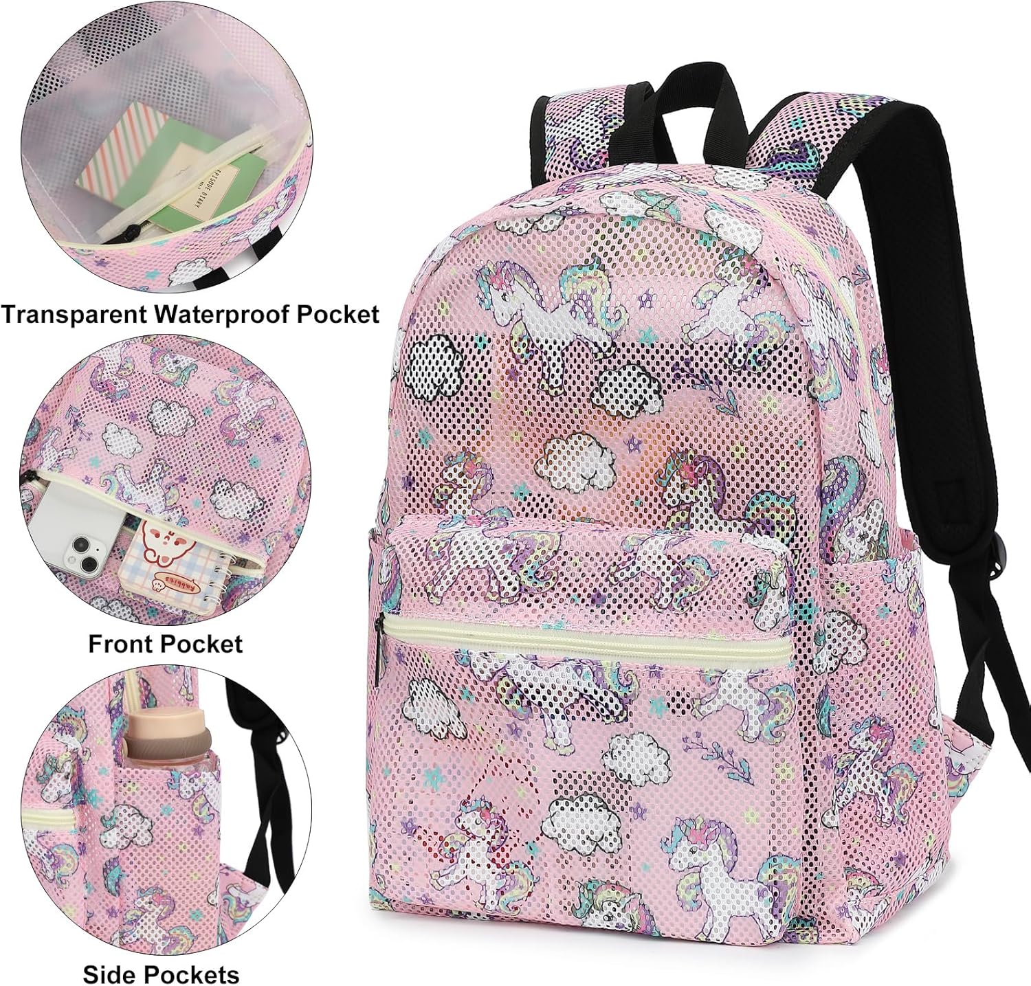 Unicorn Mesh Backpack for Girls, kids Women School Backpacks Semi-Transparent Bookbag See Through Beach Bag Daypack - Image 4