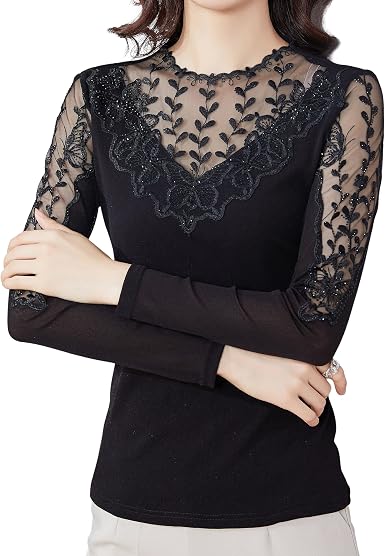 Amazon.com: Blusas elegantes de malla para mujer, de manga larga, con  bordado de mariposa, con diamantes de imitación : Ropa, Zapatos y Joyería