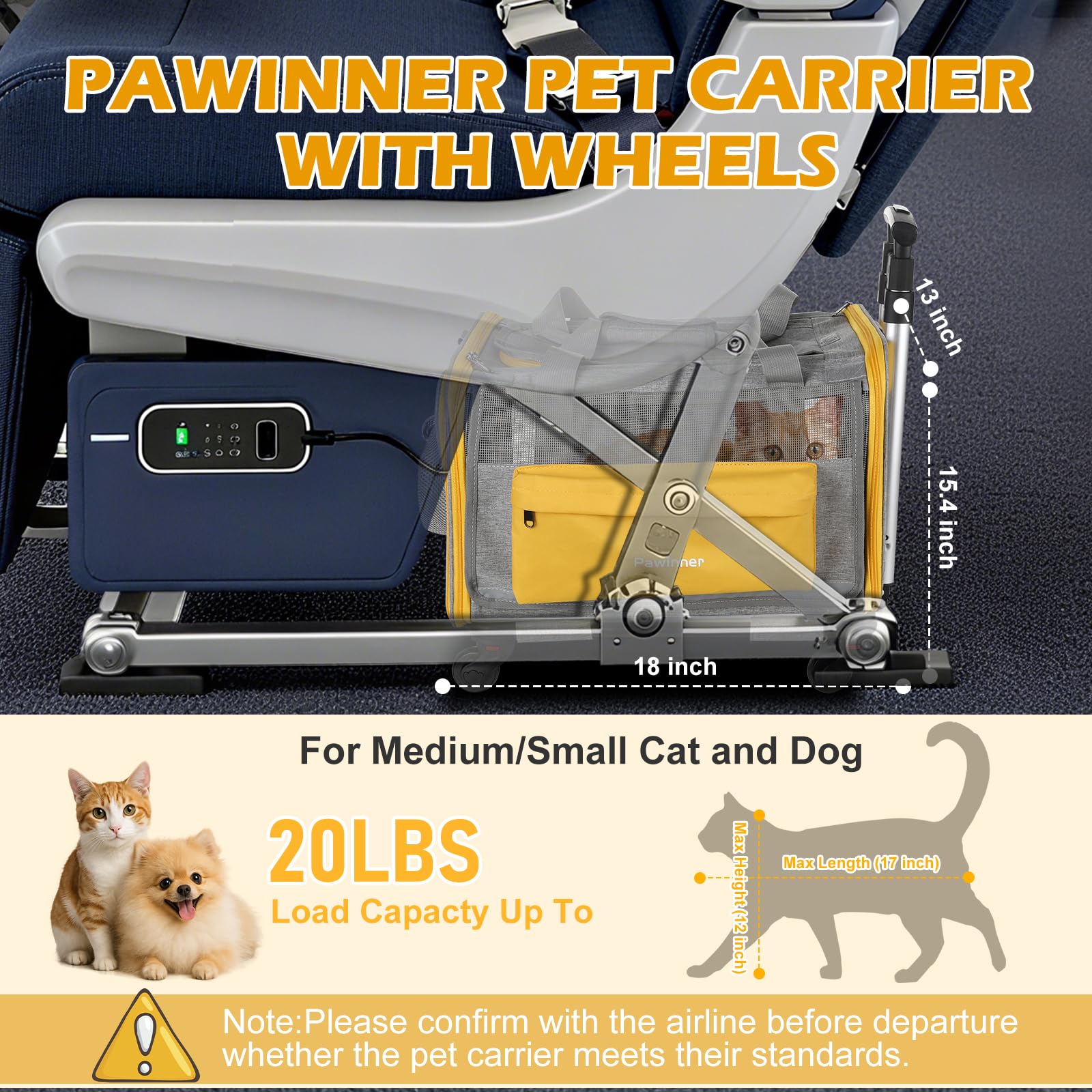 Transportín para gatos con ruedas aprobado por aerolíneas, carrito para perros pequeños, cochecito grande para gatos, transportador portátil para mascotas con ruedas, tela 600D transpirable