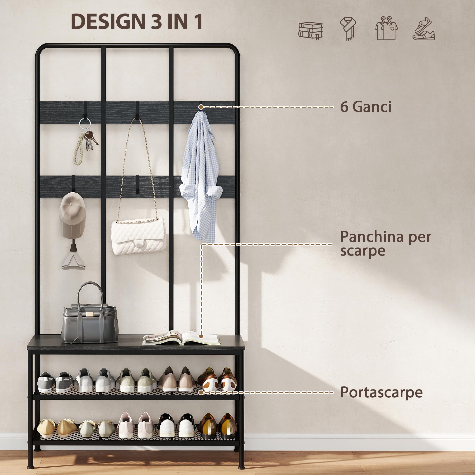 HOMCOM Appendiabiti da Ingresso 3 in 1 con Scarpiera 91x36x180 cm Nero | Attaccapanni Stile Industriale con Panca, 6 Ganci, 2 Ripiani Porta Scarpe