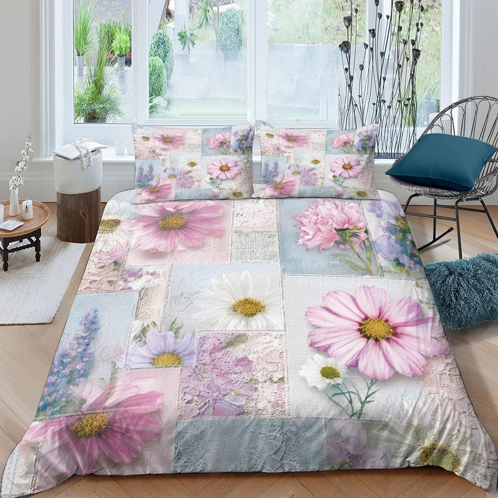 GPLZQXKJNH 3D Printed Pink Daisy Duvet Cover Microfiber Soft Breathable Wildflower Bedding Set with 2 Pillowcases for Bedroom Decor Single（135x200cm）