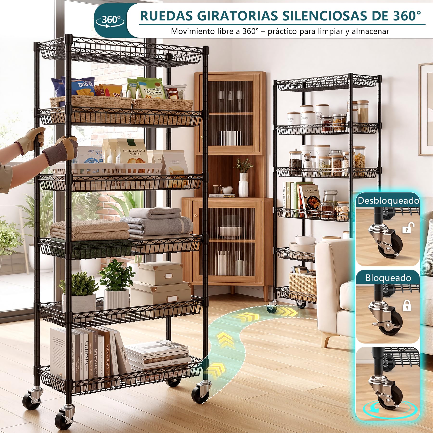 Himimi Estantería Metálica de 6 Niveles con Ruedas, Estante Ajustable en Altura Independiente, Organizador de Cestas de Alambre Metálico para Cocina, Baño, Dormitorio, Salón, 76×34×165 cm Negro