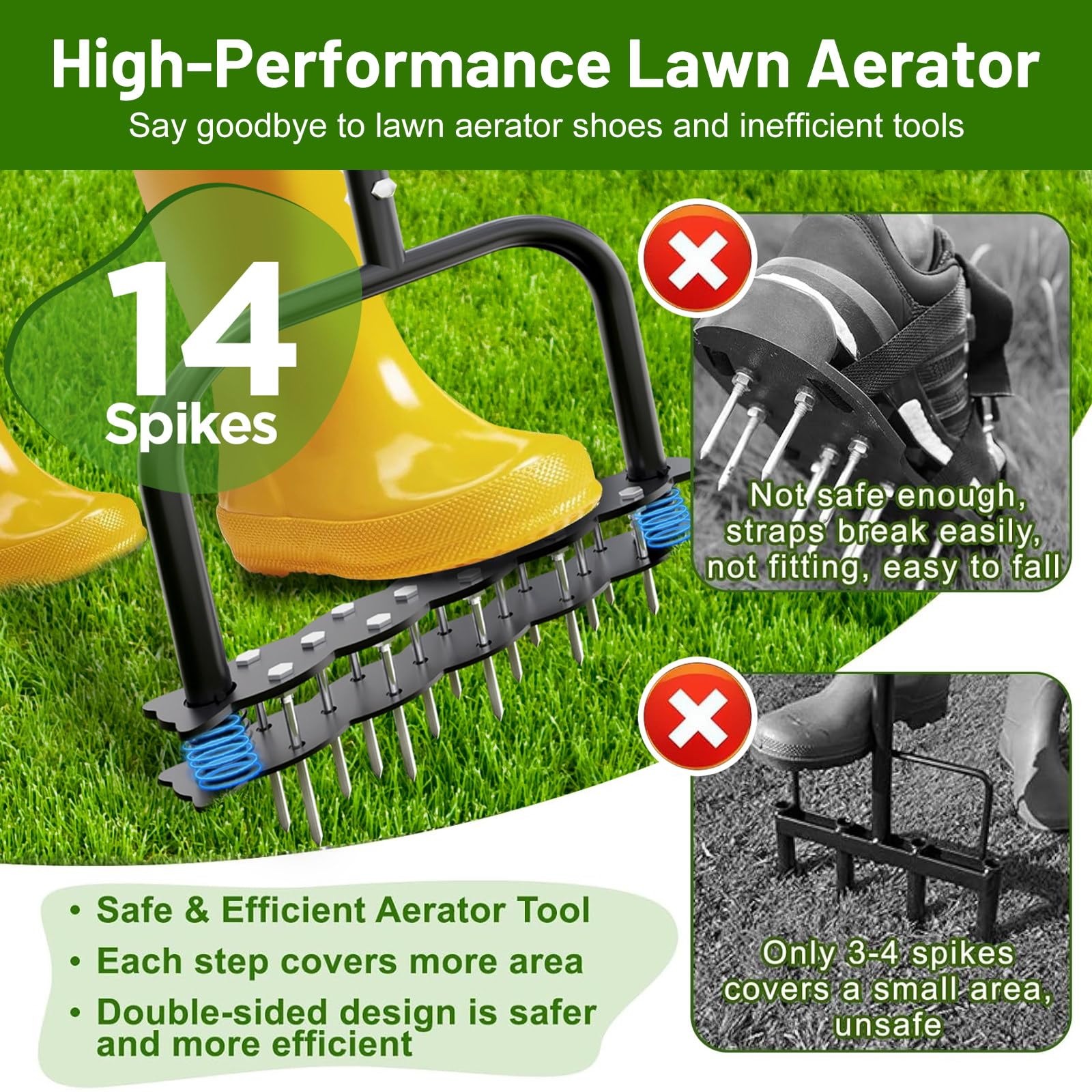 EPROICKS Aireador De Césped,Escarificador De Cesped,Escarificador Manual con 14 Púas, Capaz De Penetrar 6,8 Cm En El Suelo; Ideal para Jardines, Aireación De Césped y como Herramienta De Jardinería