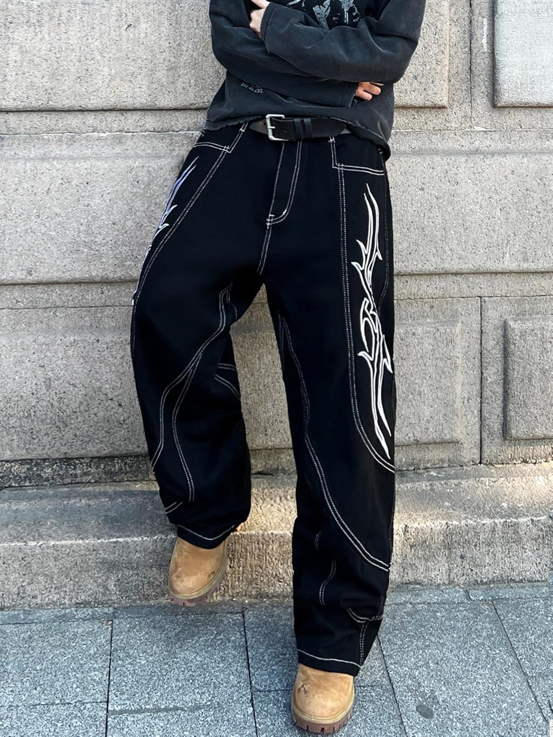 Men's Hip-hop Embroidered Baggy Jeans Loose Fit Denim Black Trousers - Image 4