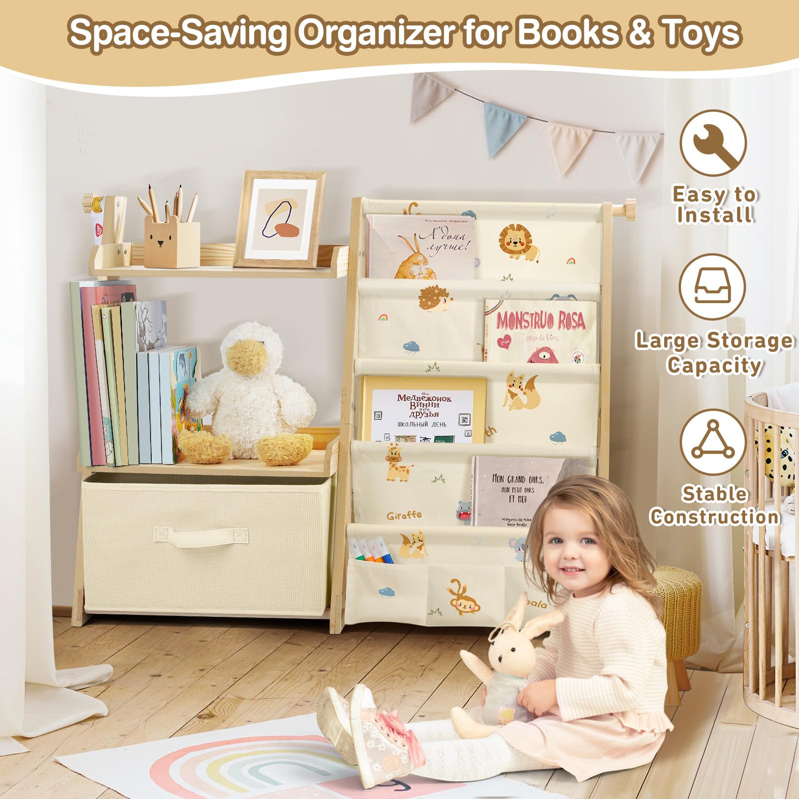 Libreria Montessoriana per Bambini Bambina, Scaffale per Giocattoli, Legno Massiccio Montessori Scaffale Libreria 85 * 69.5 * 34.5cm - Animali della Giungla