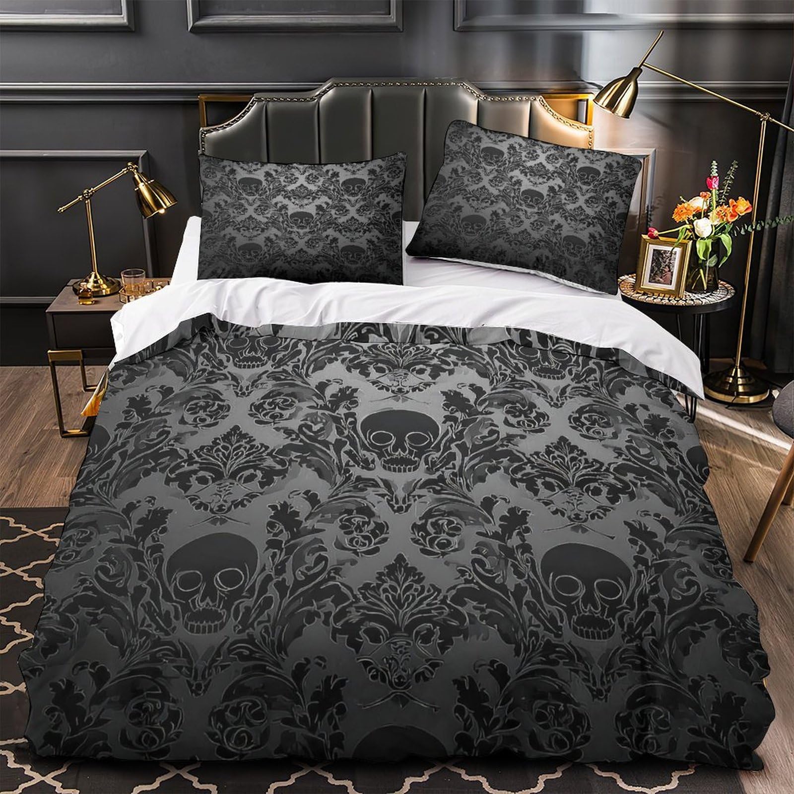 Housse de couette crâne gothique 200x200 cm en microfibre avec fermeture éclair