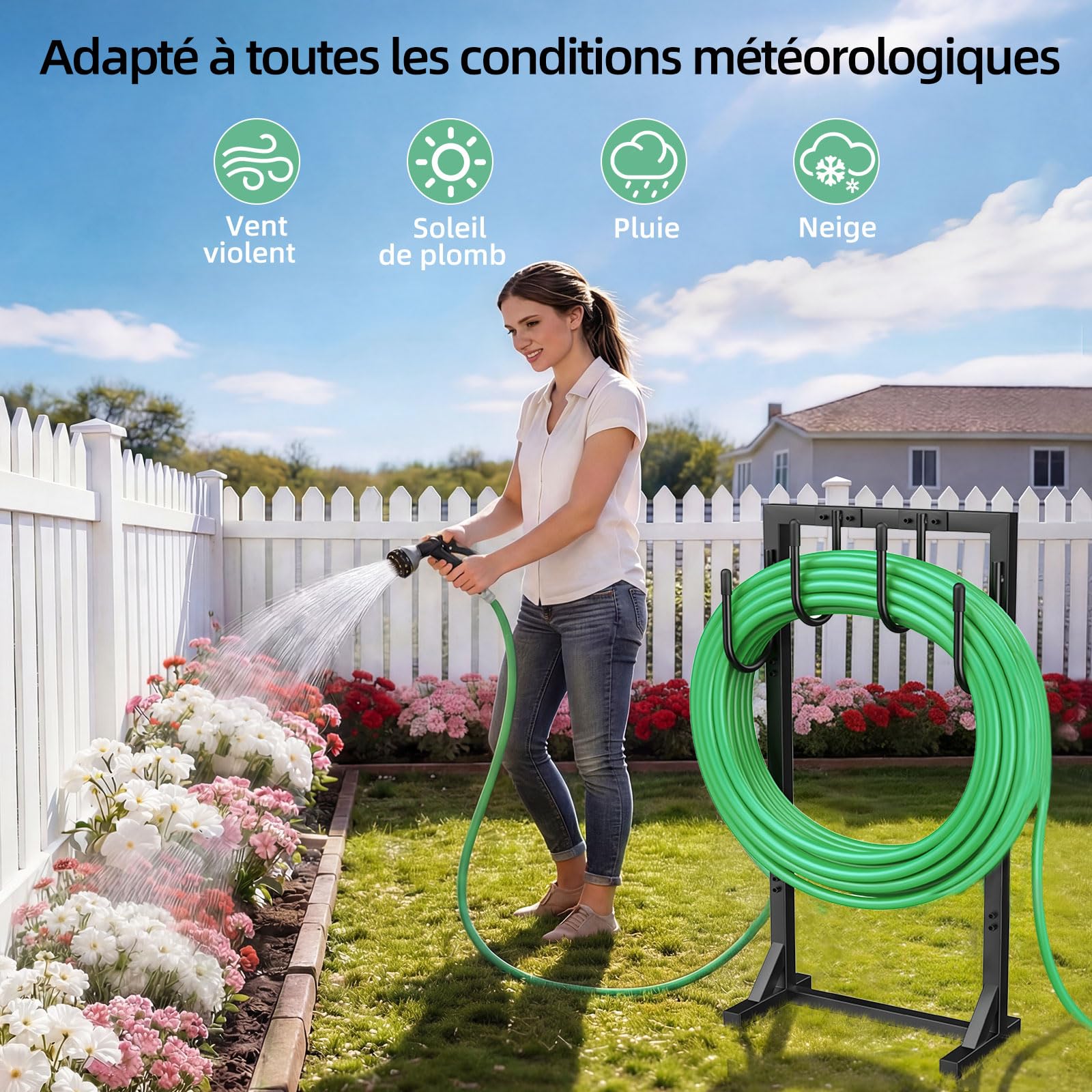 Support pour Tuyau d'arrosage 109,5 cm Enrouleur Métallique 45 mètres 4 Crochets Jardin