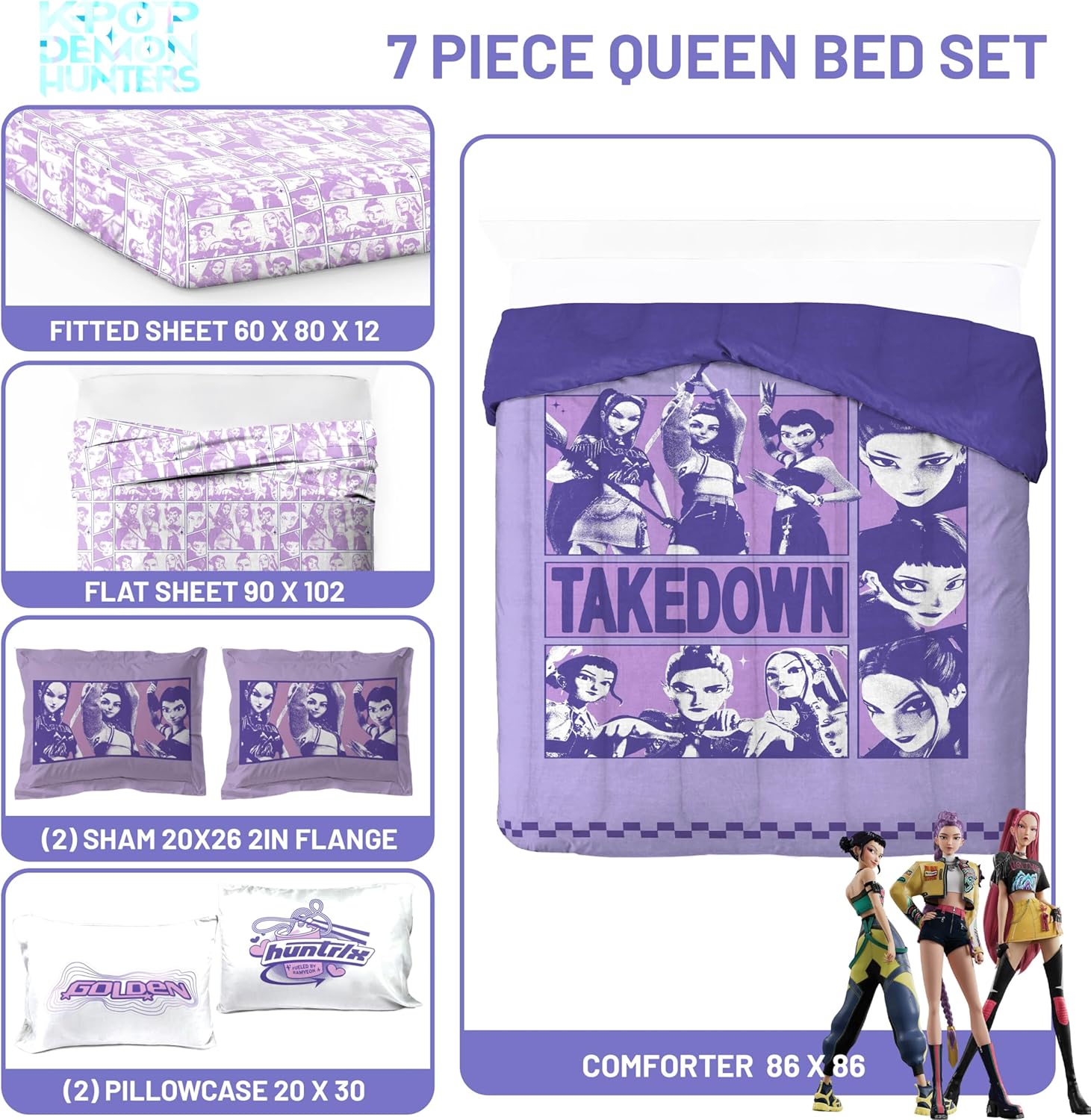 Jay Franco Kids Comforter Set Includes Sheets and Pillow Covers - Soft and Cozy Bed Set for Stylish Room Decor, Official Licensed Bedding, Purple - Kpop Demon Hunters, 7 Piece Queen