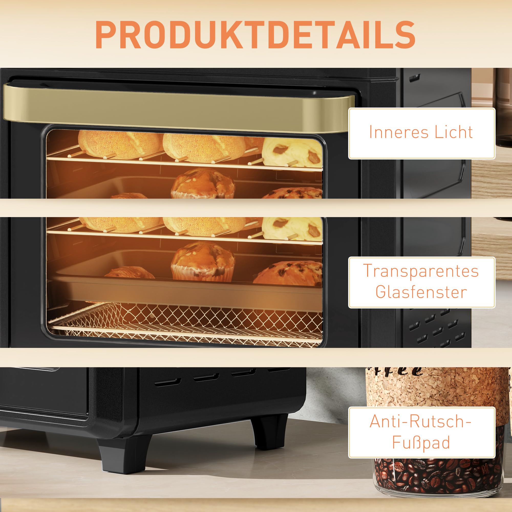 HOMCOM Mini-four à chaleur tournante, 10L friteuse à chaleur tournante, Petit four avec minuterie 60 min et éclairage intérieur, 80-230℃, 3 niveaux de chargement, accessoires résistant au