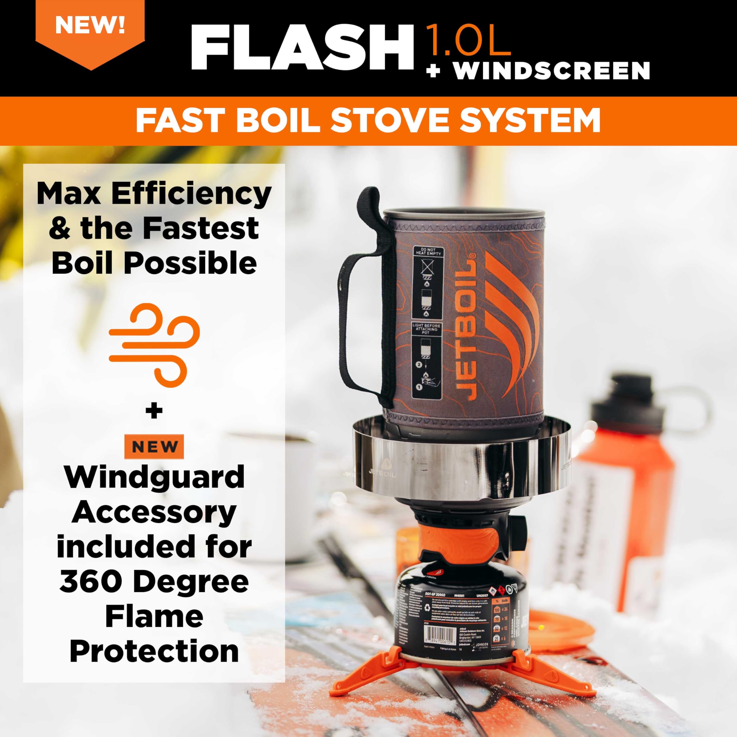Jetboil Flash 1.0L Tragbarer Schnellkochkocher mit Windschutz für Camping und Rucksackreisen, 1-stufige automatische Zündung, Neu für 2026, Propan/Isobutan-Brenner, Topo