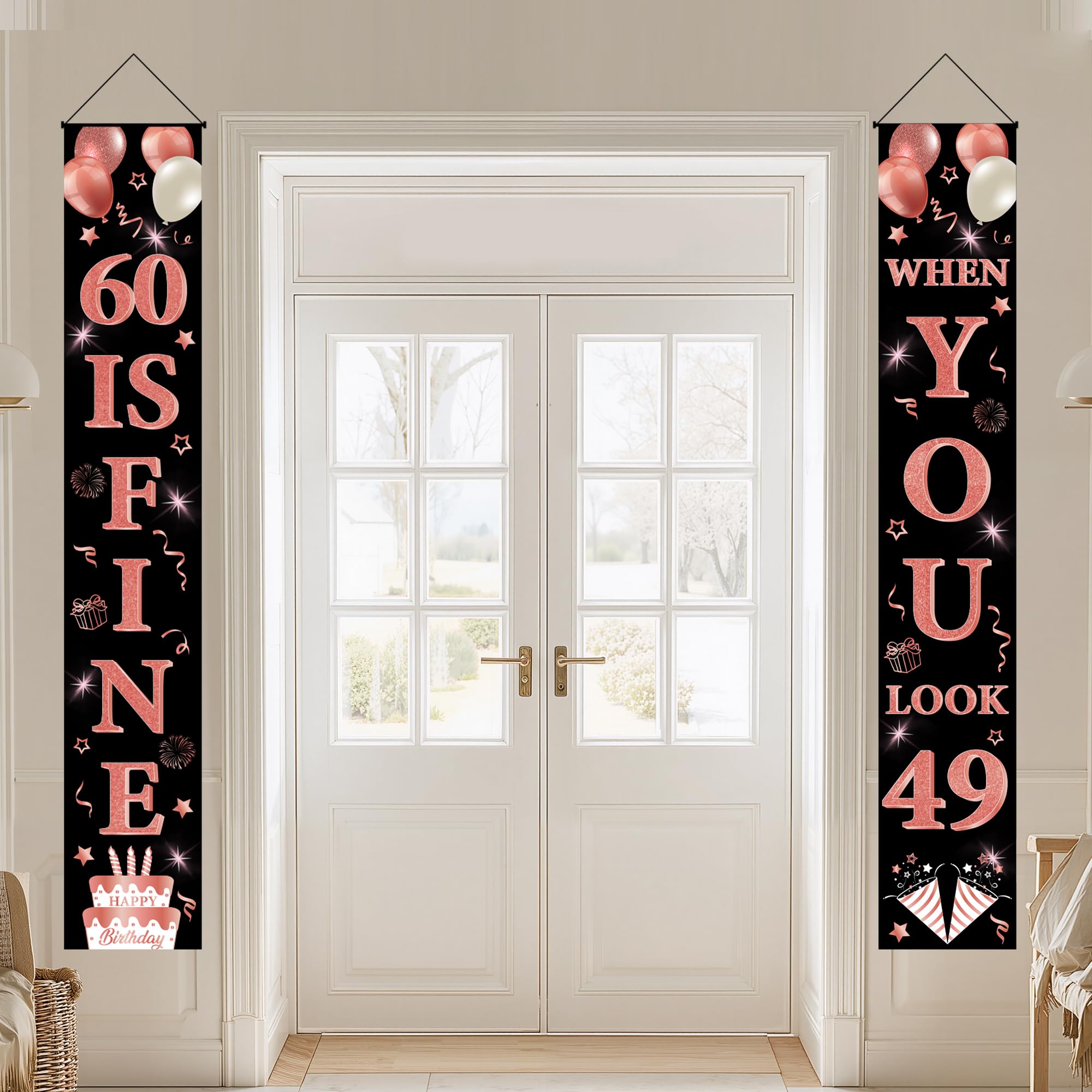 60th Birthday Decorations Banners Women - 2 Pcs Black Rose Gold 60 is Fine When You Look 49 Door Banner Hanging Decor for Girls Cheers to Happy 60 Year Old Party Photo Background Supplies(180 * 30cm)