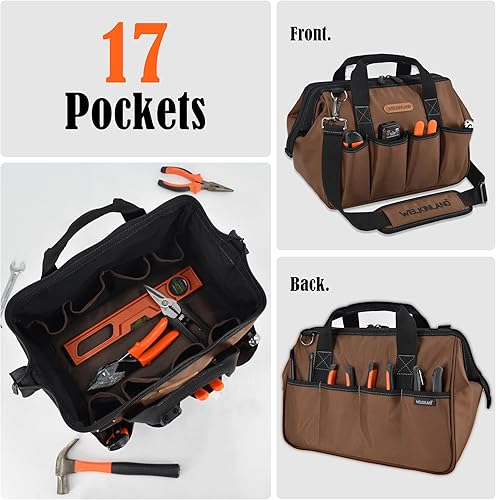 Miniatura 4 de WELKINLAND Bolsa de herramientas para electricista de 17 bolsillos, bolsa de herramientas portátil de 14 pulgadas, bolsas de herramientas