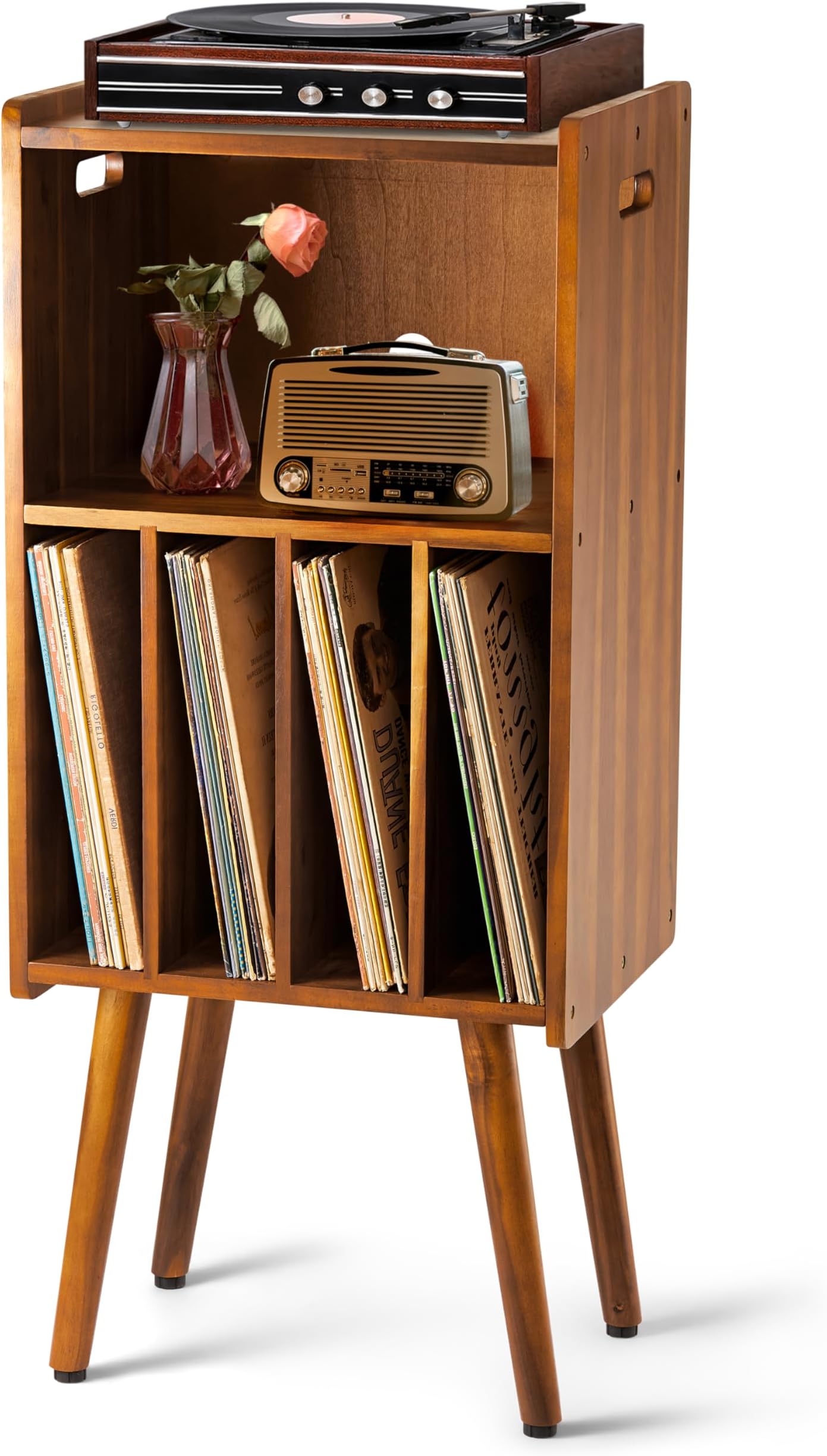 Wooden LP Record Player Stand, 3-Tier Turntable Stand Cabinet Holds up to 100 Albums, Metal Record Storage Holder and Organizer Table, Mid-Century Modern Record Player Holder for Living Room & Bedroom