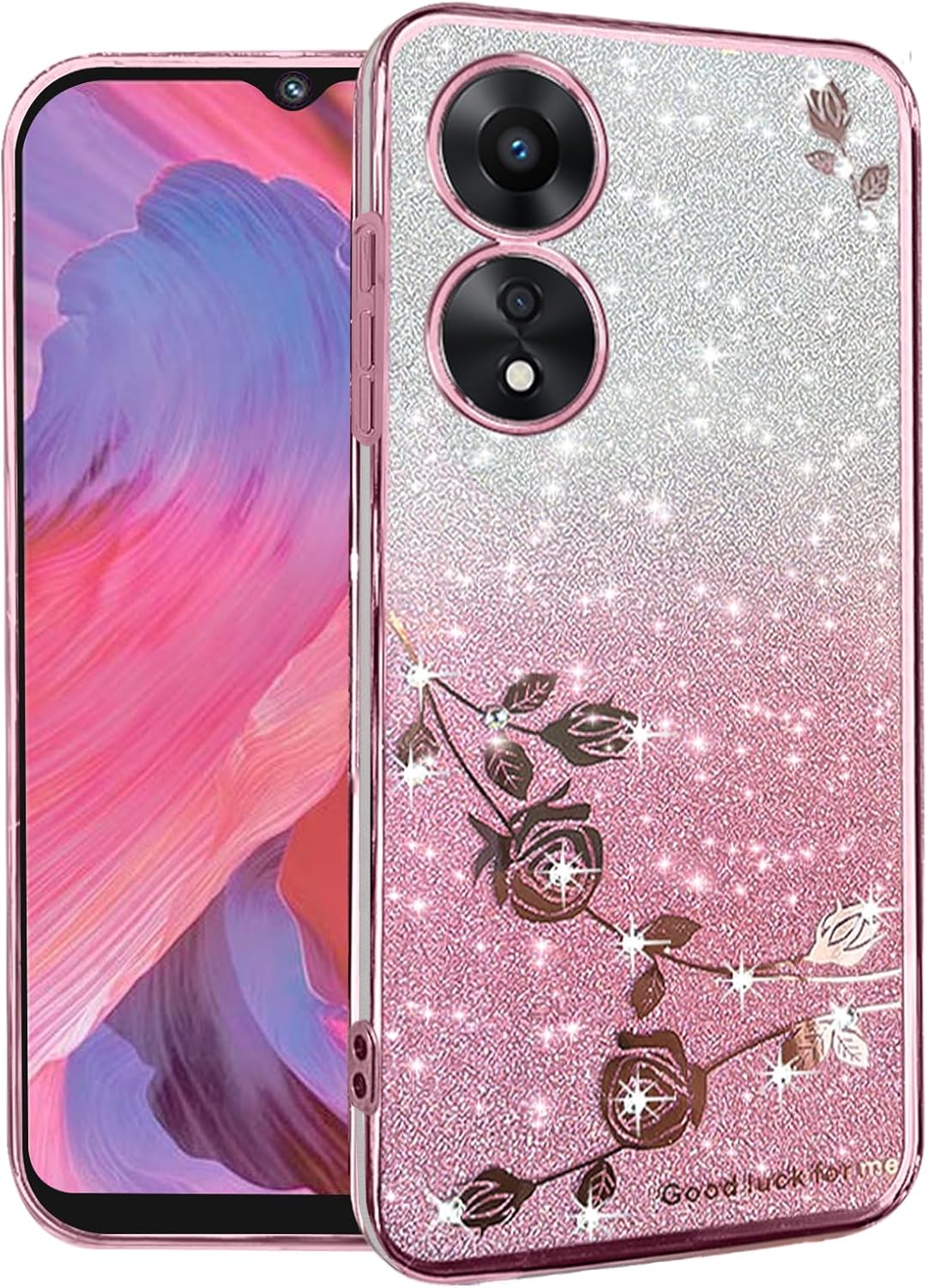Phone Case for Oppo A78 5G Clear Glitter Floral, Cute Slim for Oppo A78 5G Case Silicone Shockproof Protective Women Girls Cover Sparkle Aesthetic (Pink)