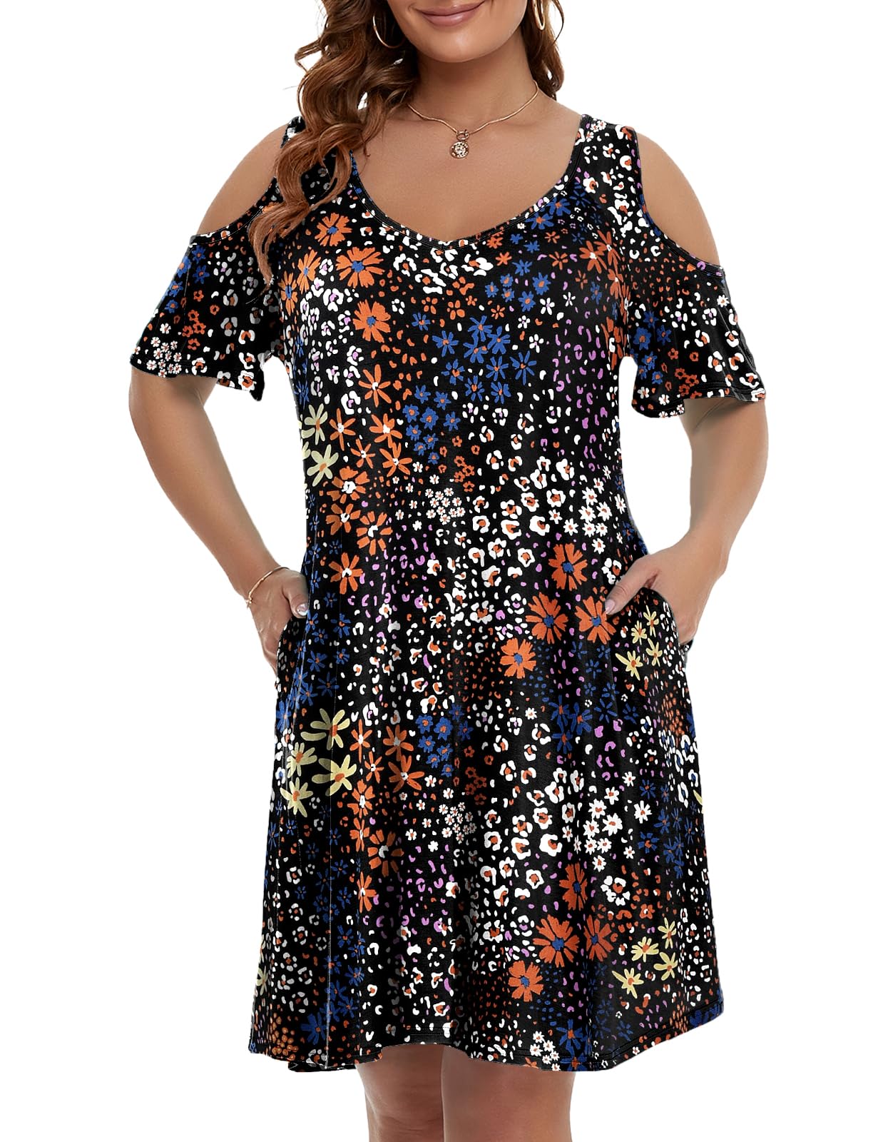 JollieLovin Womens Plus Size Short Sleeve Cold Shoulder V Neck T-Shirt Dress with Pockets