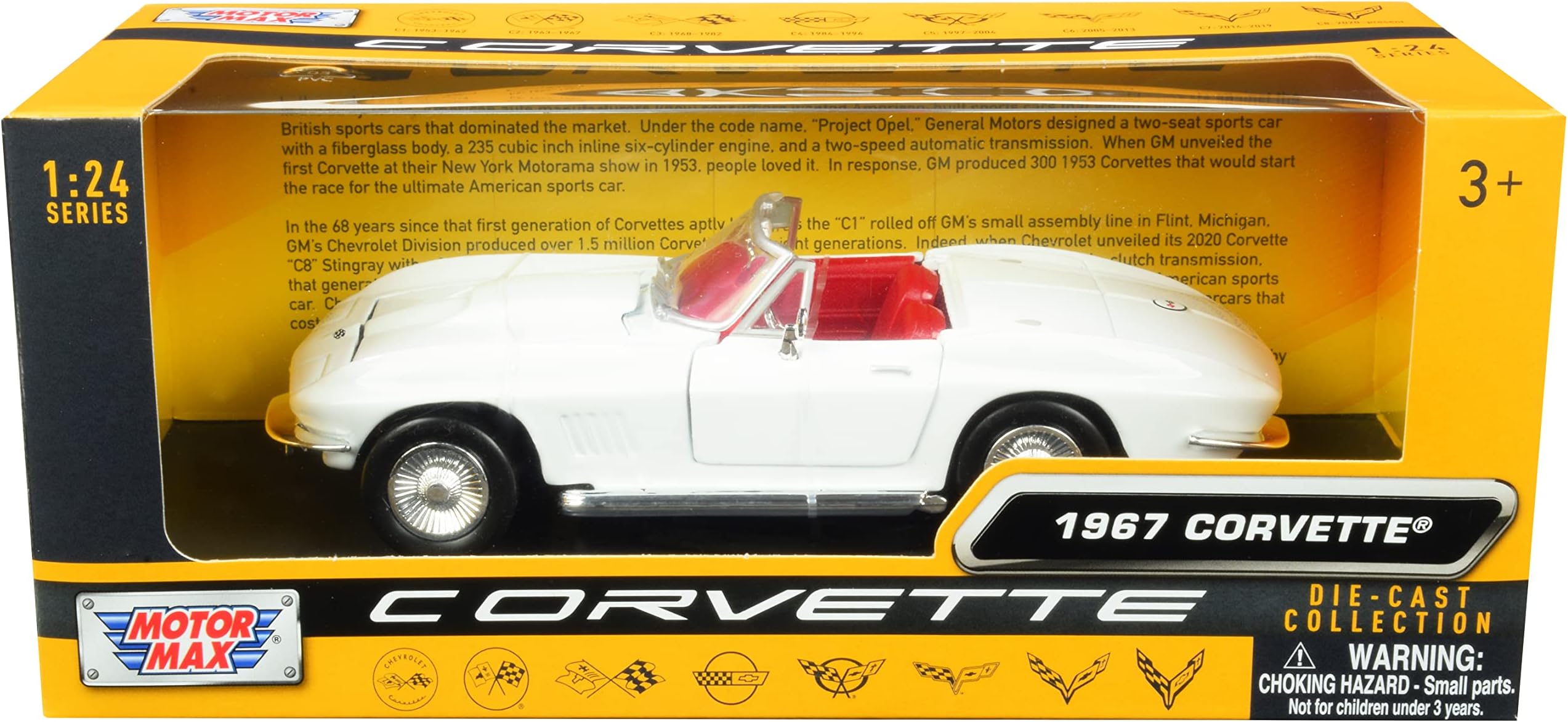 Motormax Toy 1967 Chevy Corvette C2 Convertible White with Red Interior History of Corvette Series 1/24 Diecast Model Car by 73224w-rd 0