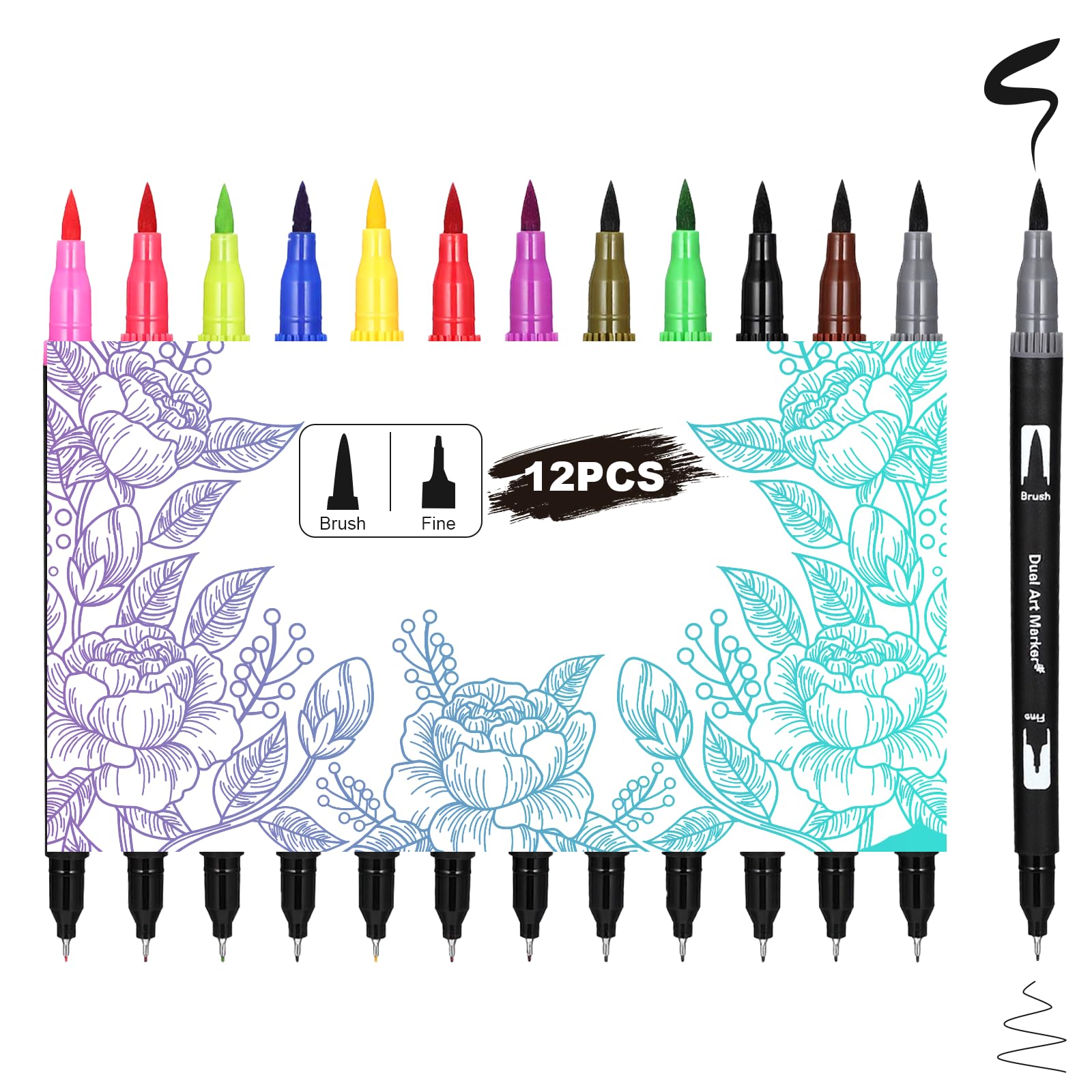 12 Pack Drawing Pens Fineliner Ink Pens Dual Tip Brushes Fineliners Pen Felt Tip Brush Pen Waterproof Calligraphy Marker for Art Drawing Watercolor Sketching Anime Beginners Scrapbooking