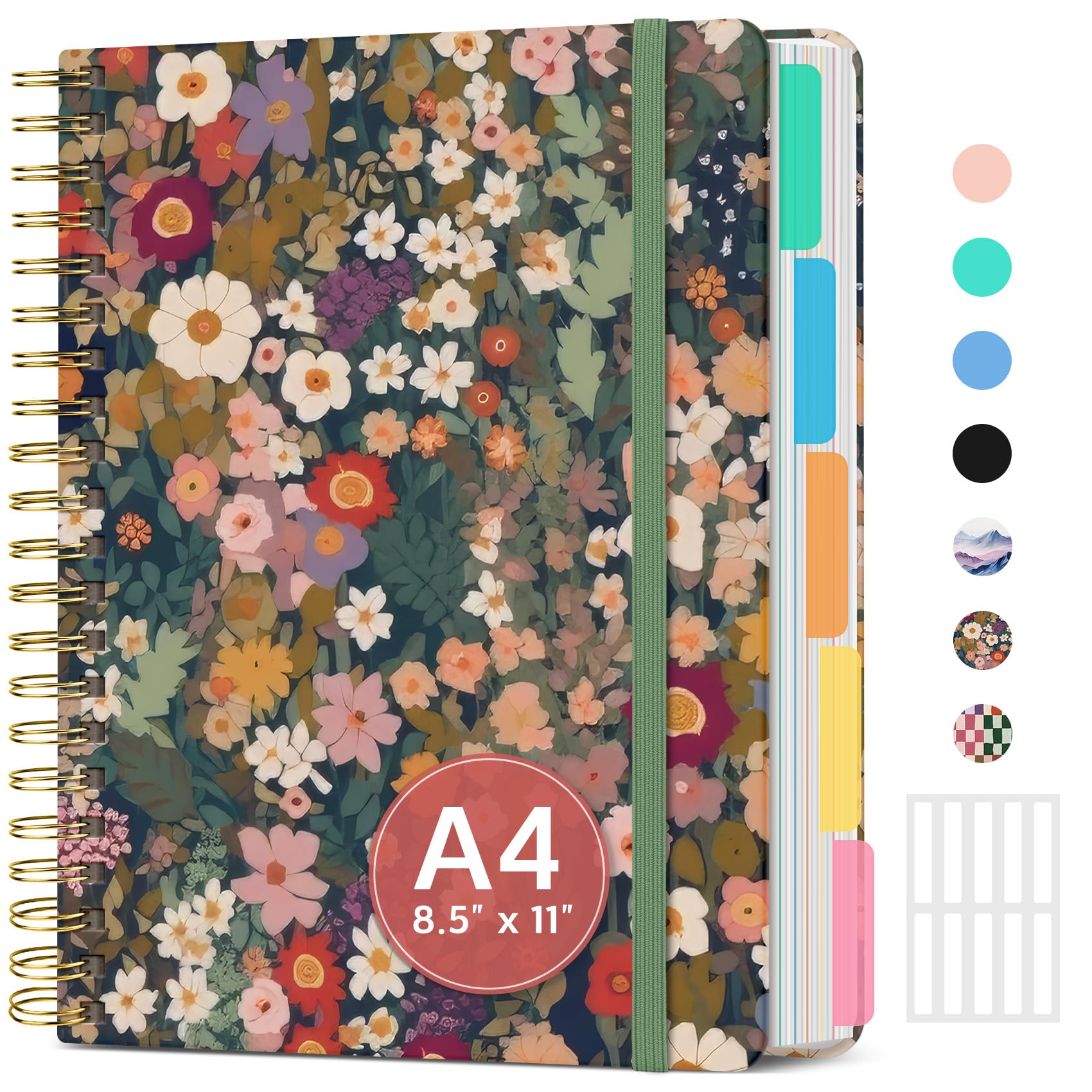 Large Spiral Lined Notebooks for Work with Removable Dividers & Tabs, 8.5"x11" Pretty Hardcover 5 Subject Notebook Journal for Women, College Ruled, Perfect for Study & Office Organization, 280 Pages,Garden