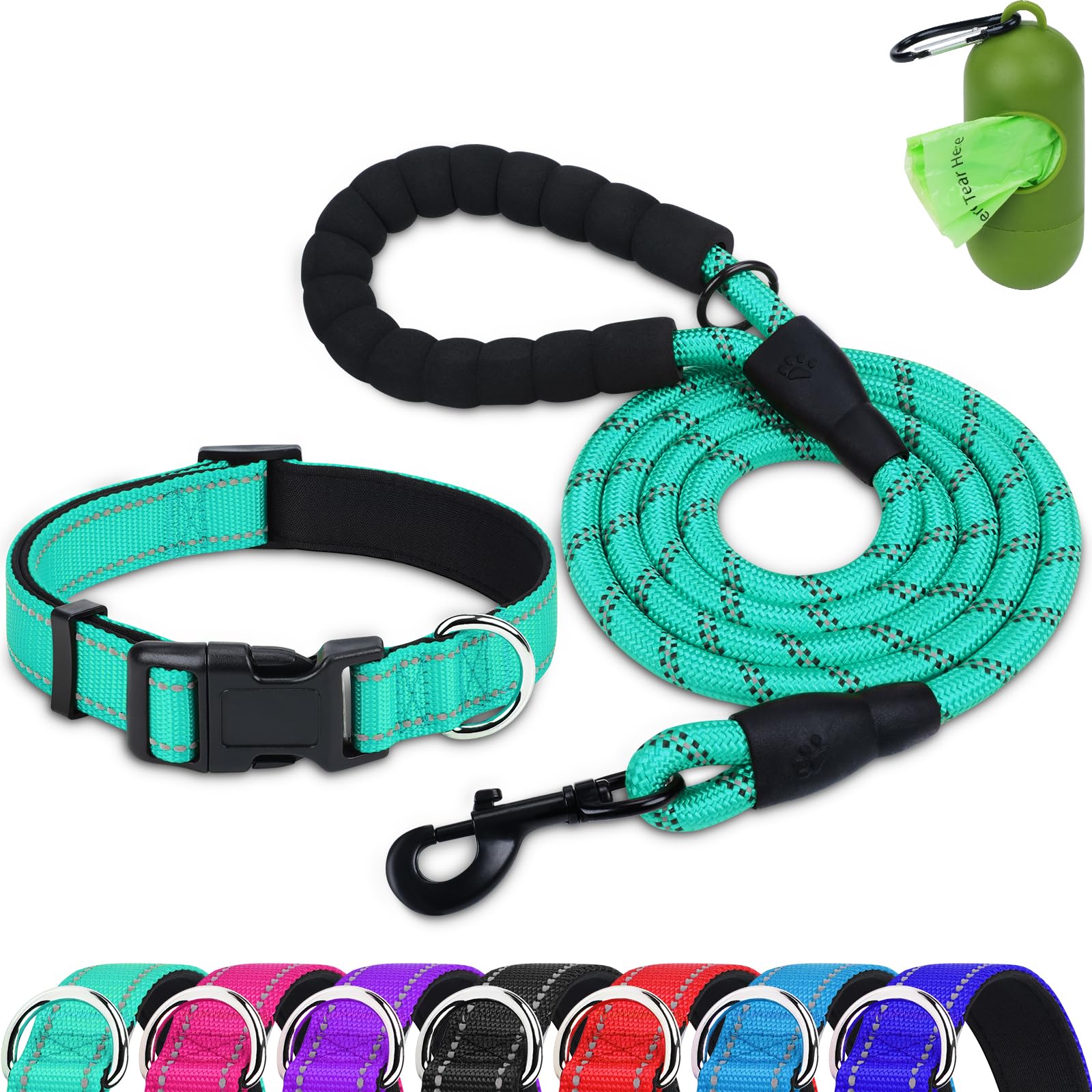 Dynmeow Reflective Dog Collar and Leash Set, 6FT Strong Climbing Rope Leash with Padded Handle, Adjustable Pet Collar with Soft Neoprene Padding for