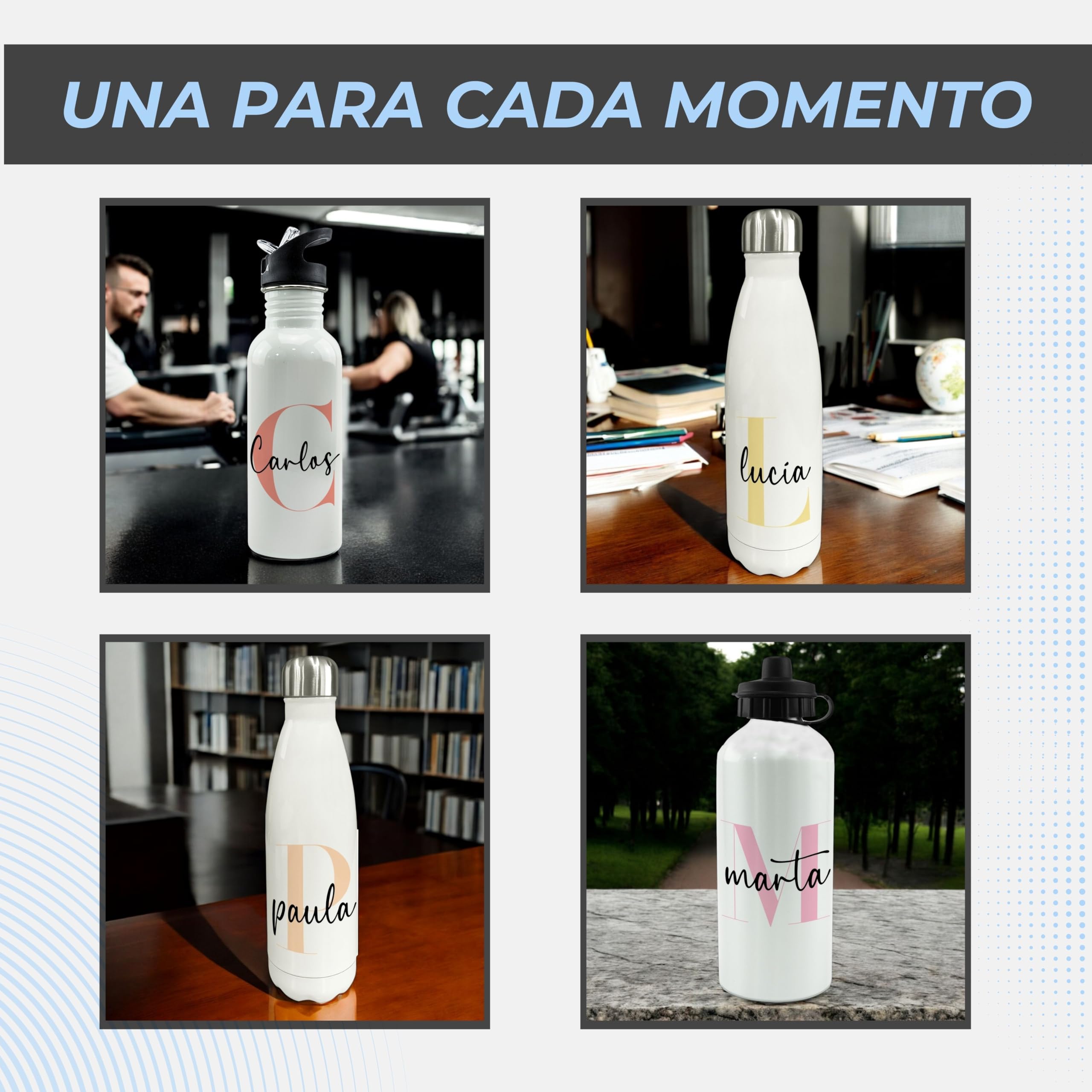 Botella Personalizada Nombre. Botellas de Agua Personalizadas. Botella agua acero inoxidable personalizada Gimnasio. Regalo Personalizado Mujer Hombre. Regalo Dia de la Madre. Straw Stop 600ml