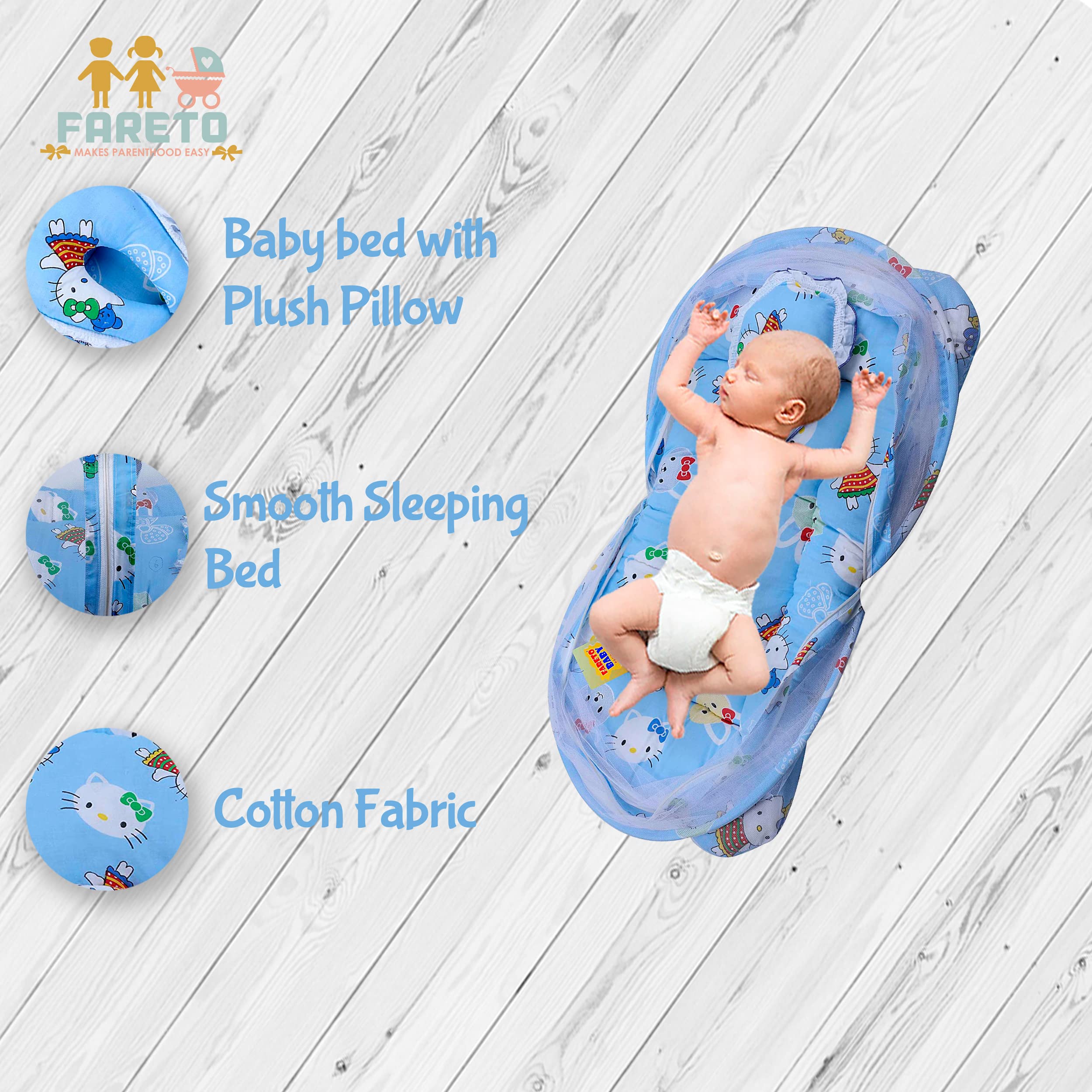 Fareto Cotton Baby Modern Mattress With Mosquito Net(0-6 Months) (Blue) - Image 4 thumbnail