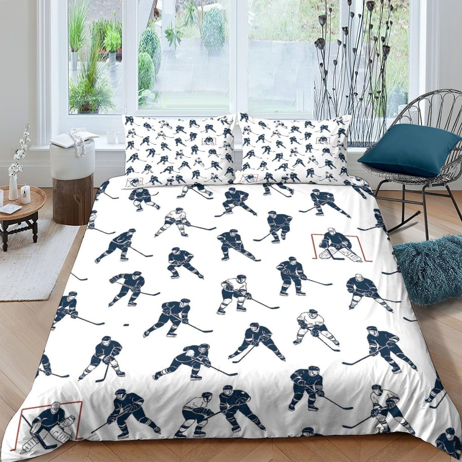 GPLZQXKJNH 3D Printed Ice Hockey Player Duvet Cover Microfiber Soft Breathable Sports Motif Bedding Set with 2 Pillowcases for Bedroom Decor Single（135x200cm）