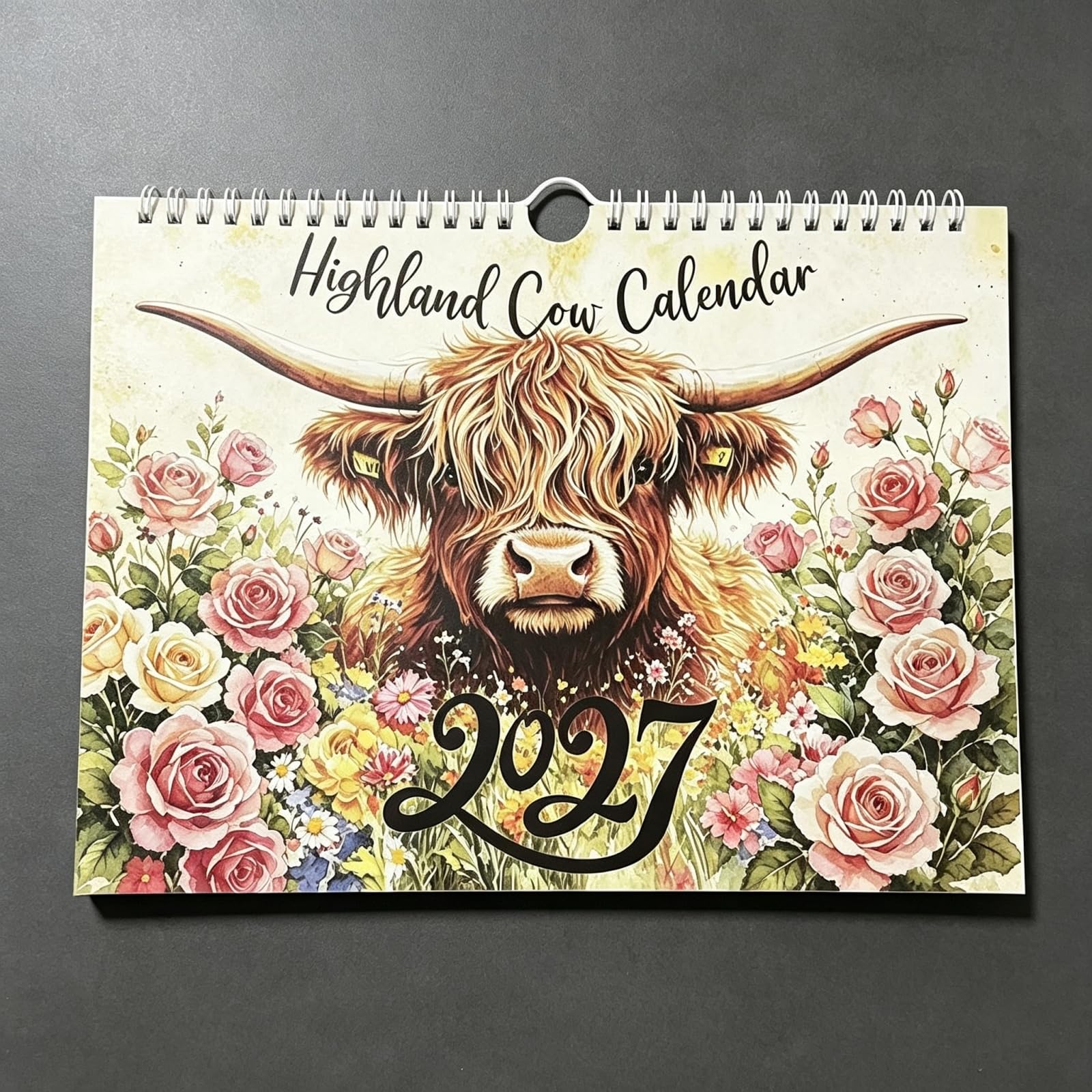 2027 Rose Flower Highland Cow Wall Calendar, Whimsical Funny Cattle 12-Month Monthly Planner, Spiral Bound Art Calendar for Home Office Animal Lover Decor Gift