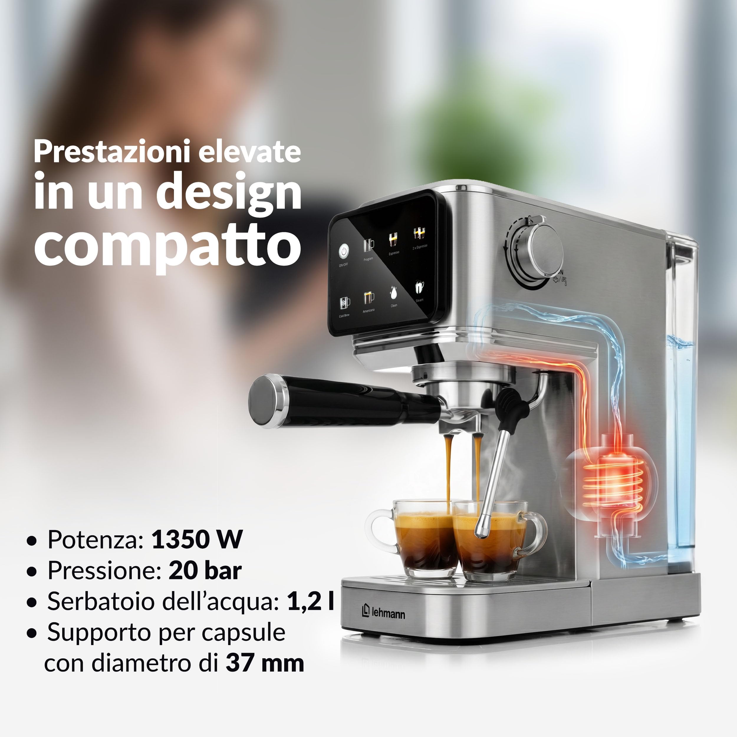 LEHMANN Bellagio Macchina Espresso 20 Bar con Montalatte | Per caffè macinato e capsule da 37 mm, display LCD touch, Cold Brew, Americano, serbatoio acqua 1,2 L