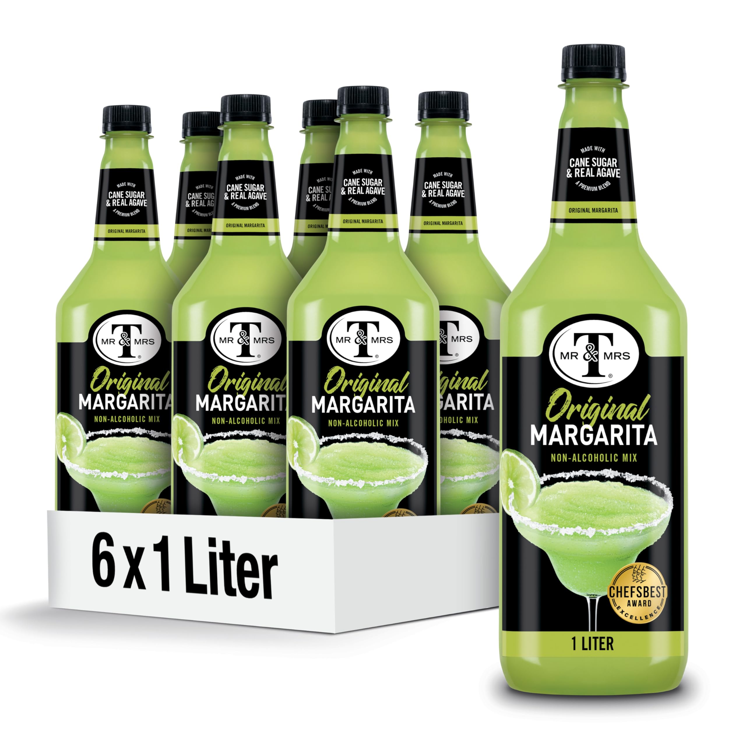 Mr & Mrs T Margarita Mix, 1 L bottle (Pack of 6), Tangy Lime Blend Flavored Cocktail Mixer, Made with Cane Sugar, Perfect for Traditional Margarita and Mocktail Drinks