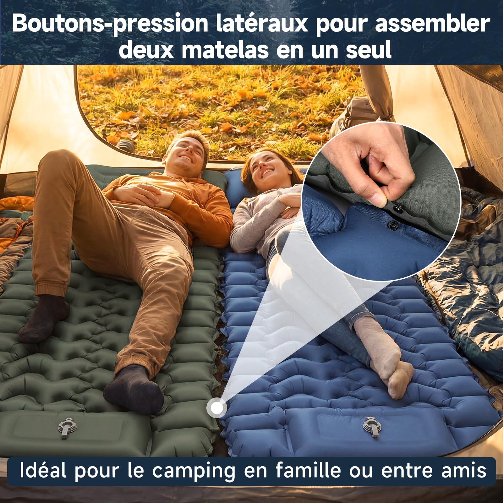Tapis de Sol Camping 1 Place XL - Matelas Camping Ultra Léger 196x74x9 cm, TPU 40D résistant à l’Eau, Pompe à Pied, Oreiller et Housse intégrés - Idéal randonnée, Tente, Plage, Voyage (Bleu)