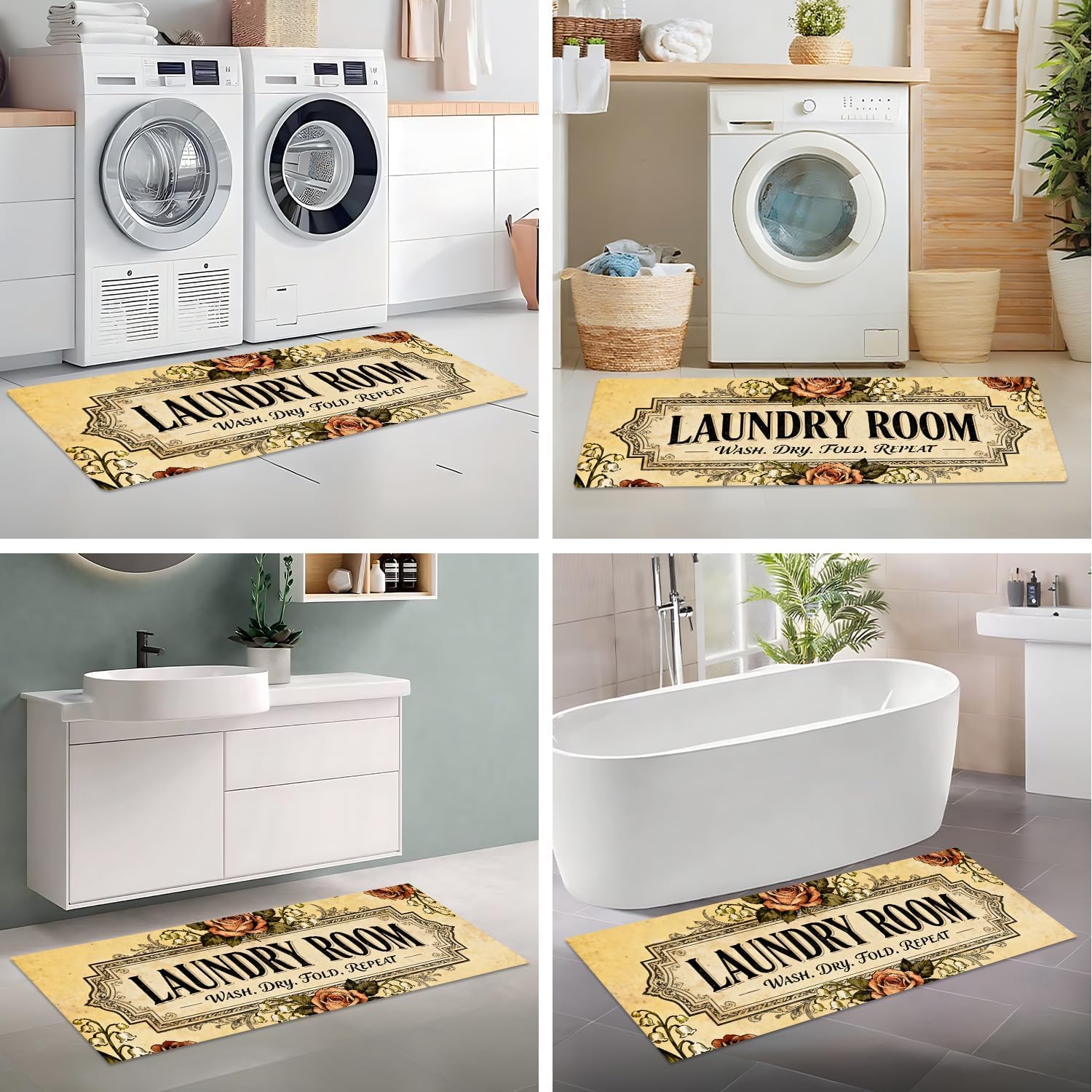 Laundry Room Rug Runner 47"x20" Waterproof Rubber Non Slip Laundry Mat, Floral Pattern with Lettering for Utility Room Washer Dryer Area Floor Decor
