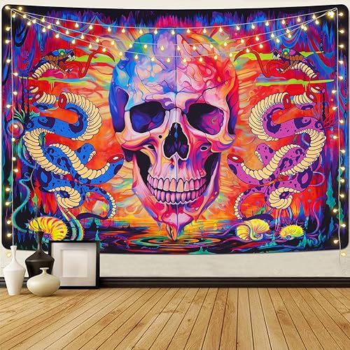 Krelymics Tapiz de calavera de terror, murciélago de terror, tapiz de barco de remo en blanco y negro, tapiz de esqueleto, tapiz gótico, tapiz