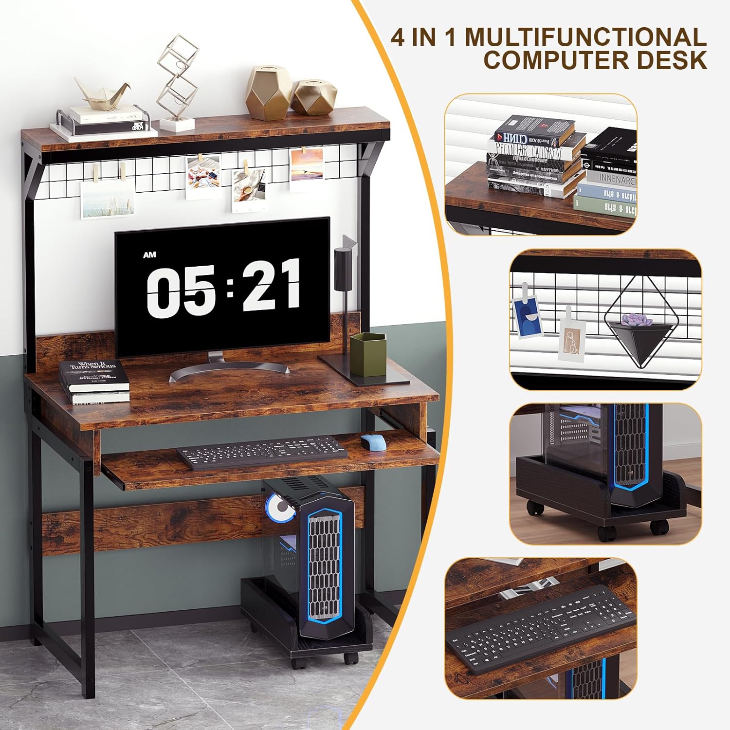 ALISENED 31.5" Computer Desk with Hutch, Office Desk Study Table Writing Desk Workstation PC Table for Home Office, Space Saving Design