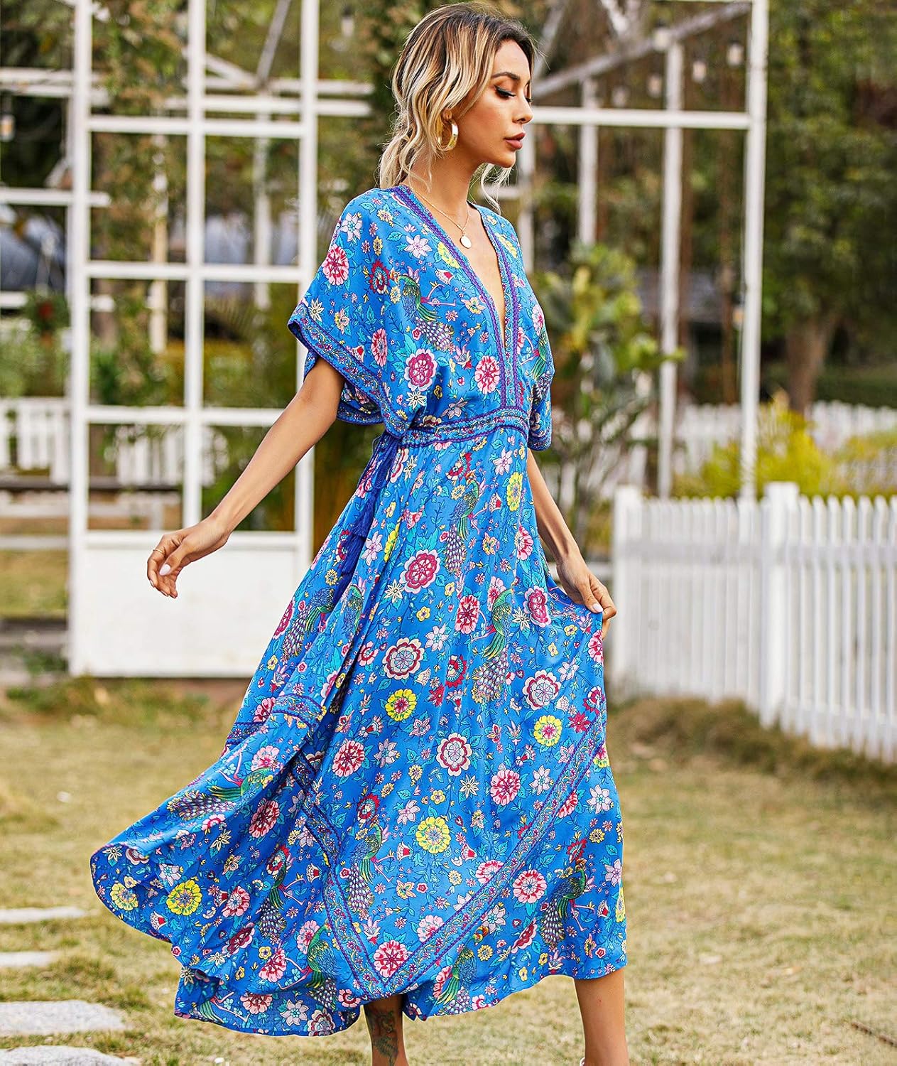 R.Vivimos Women Summer Print Deep V Neck Cotton Beach Long Dresses - Image 5