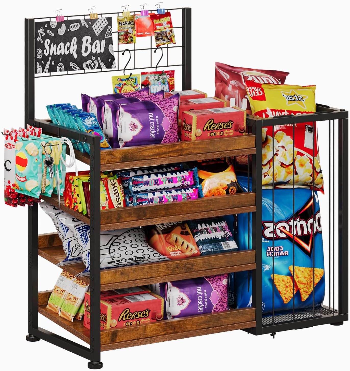 Trironsun 4 Tier Snack Display Rack for Countertop Wooden Candy Organizer Stand with 2 S-Hooks and 5 Colorful Clips Retail Snack Display Shelf for Kitchen Office Pantry (Rustic Brown)