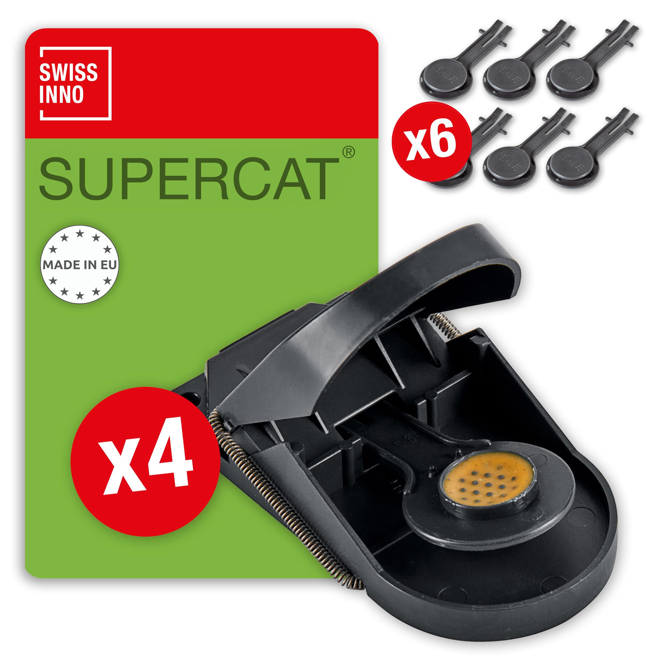 SWISSINNO Mouse Trap SuperCat | Efficient Reusable with non-toxic Food Bait | Indoors + Outdoors Use | Safe for Children and Pets | Made in Europe: 4x Traps + 6x Bait Refills