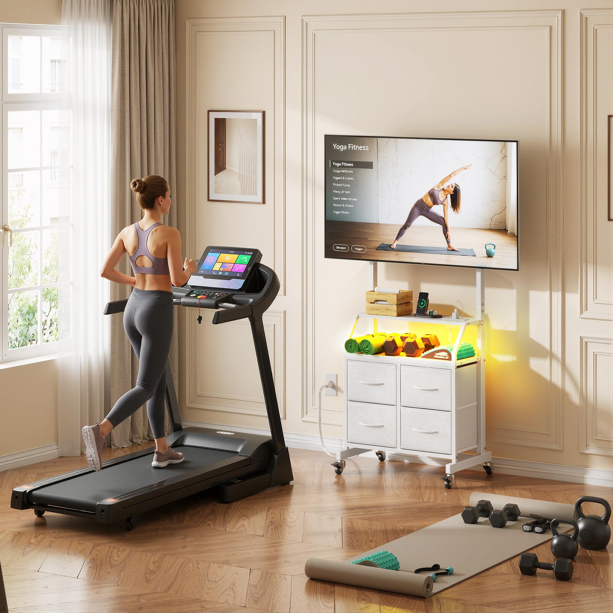 Support TV sur Pied avec roulettes 32-75 Pouces Meuble TV roulettes | Support TV sur roulettes avec LED et Prises Intégrées, Réglable en Hauteur avec 4 Tiroirs, Max VESA 600x400 mm, Blanc