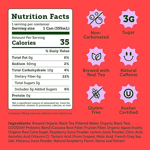 Miniatura 2 de HALFDAY Paquete de 12 latas de té helado de frambuesa prebióticas, apoya la salud digestiva y la salud intestinal, 0.31 onzas de fibra vegetal y